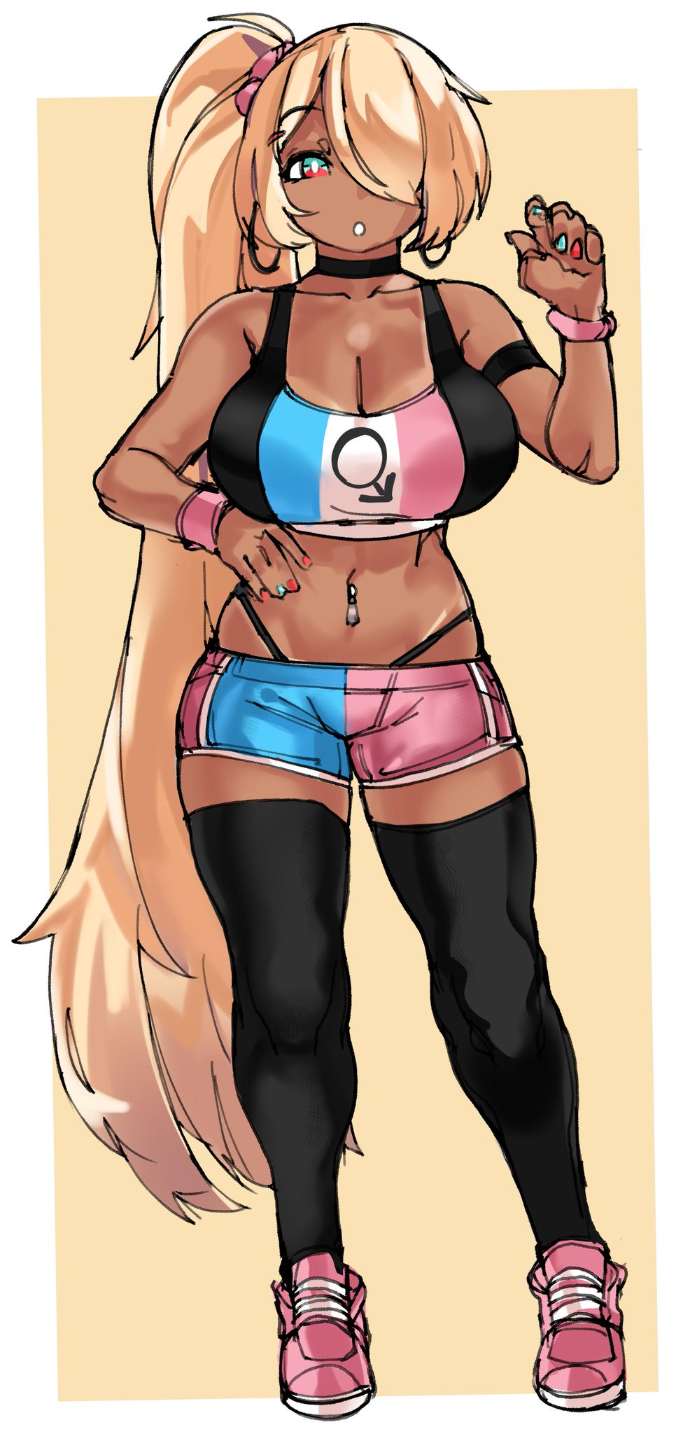 2019, big breasts, blonde hair, breasts, commission, curvy, hair over one eye, hoop earrings, lgbt pride, long hair, male, male symbol, minishorts, nail polish, navel piercing, original character, piercing, ponytail, simple background, sneakers, stockings, tan skin, tanline, thong, transgender pride colors, zanamaoria