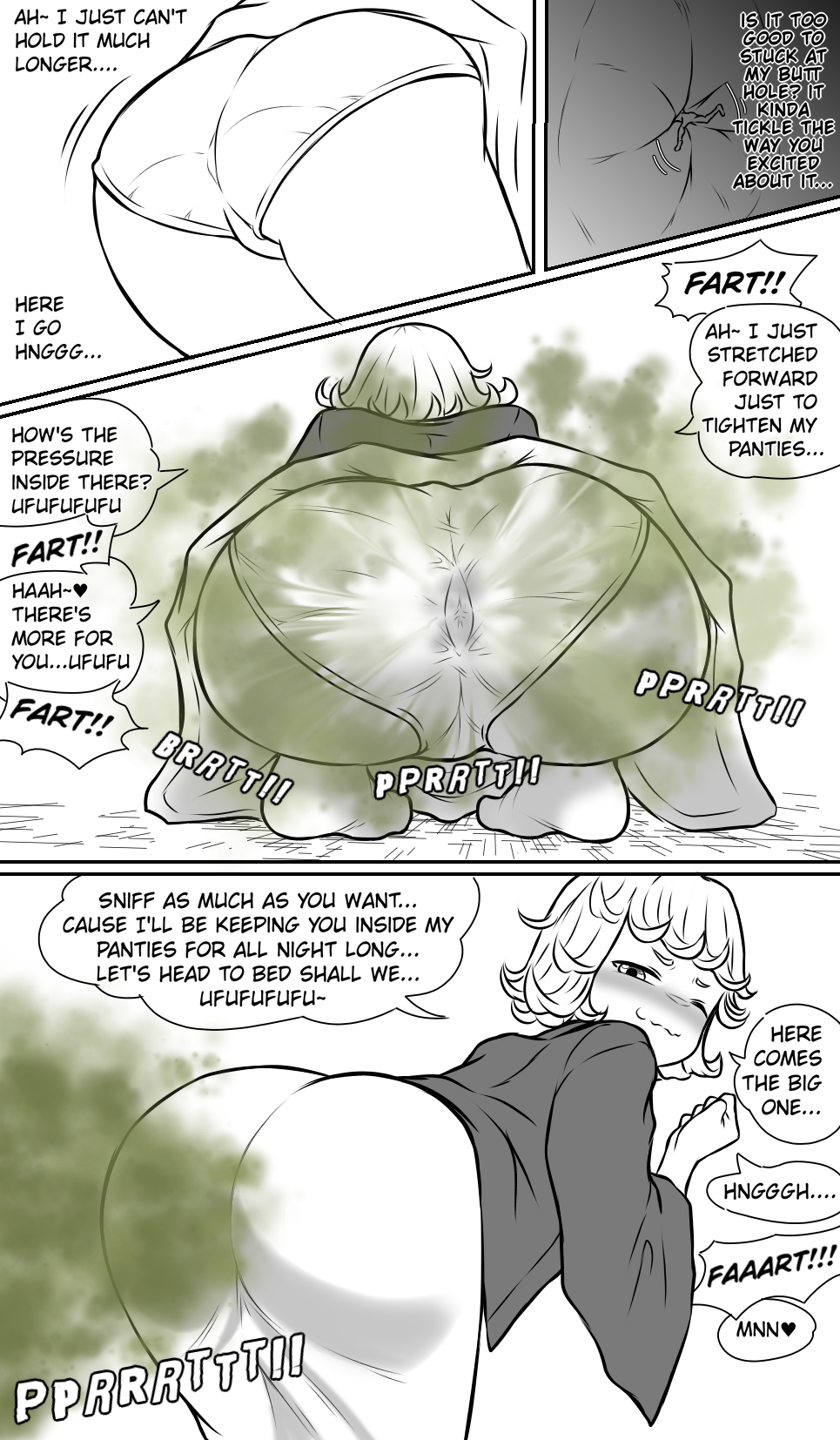 blushing buttcrush comic drunk entrapment fart fart_cloud fart_fetish giantess gtstamago huge_ass kimono larger_female monochrome one-punch_man panties size_difference smaller_male tatsumaki