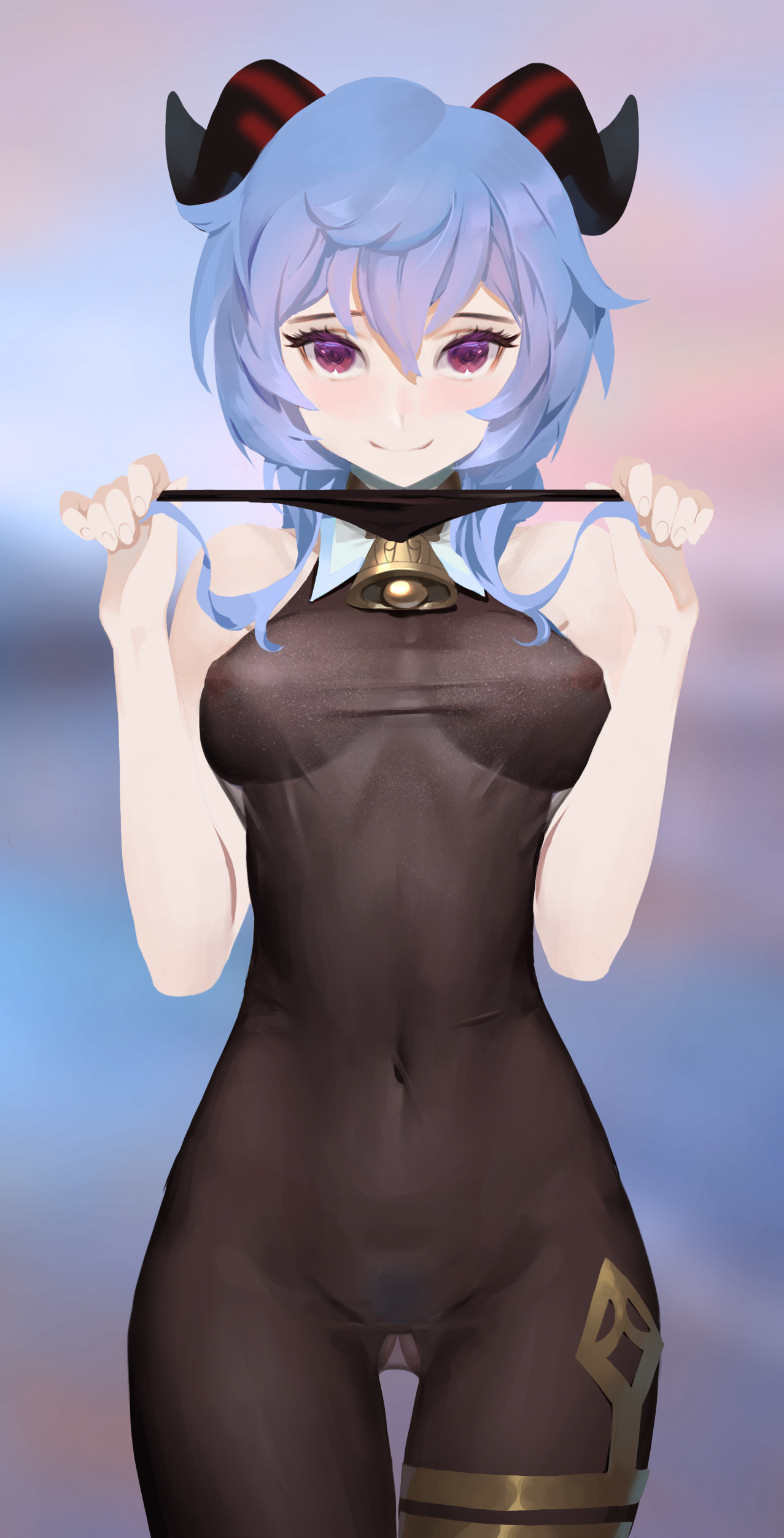 black panties, blue hair, blurry background, bodysuit, breasts, female, ganyu (genshin impact), genitals, genshin impact, holding panties, horns, large breasts, midfinger22, pubes, see-through, smile, standing