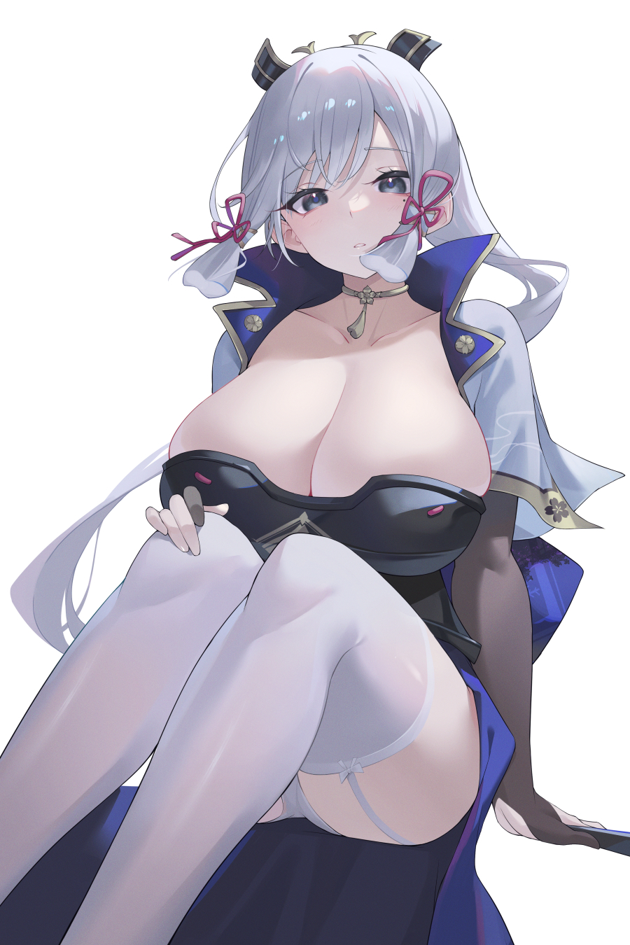 big breasts, breasts, female, genshin impact, huge breasts, kamisato ayaka, kaneko (bblogtinhan), legs, samurai, silver hair, stockings, thick, thick legs, thick thighs, thigh highs, thighhighs, thighs, white hair