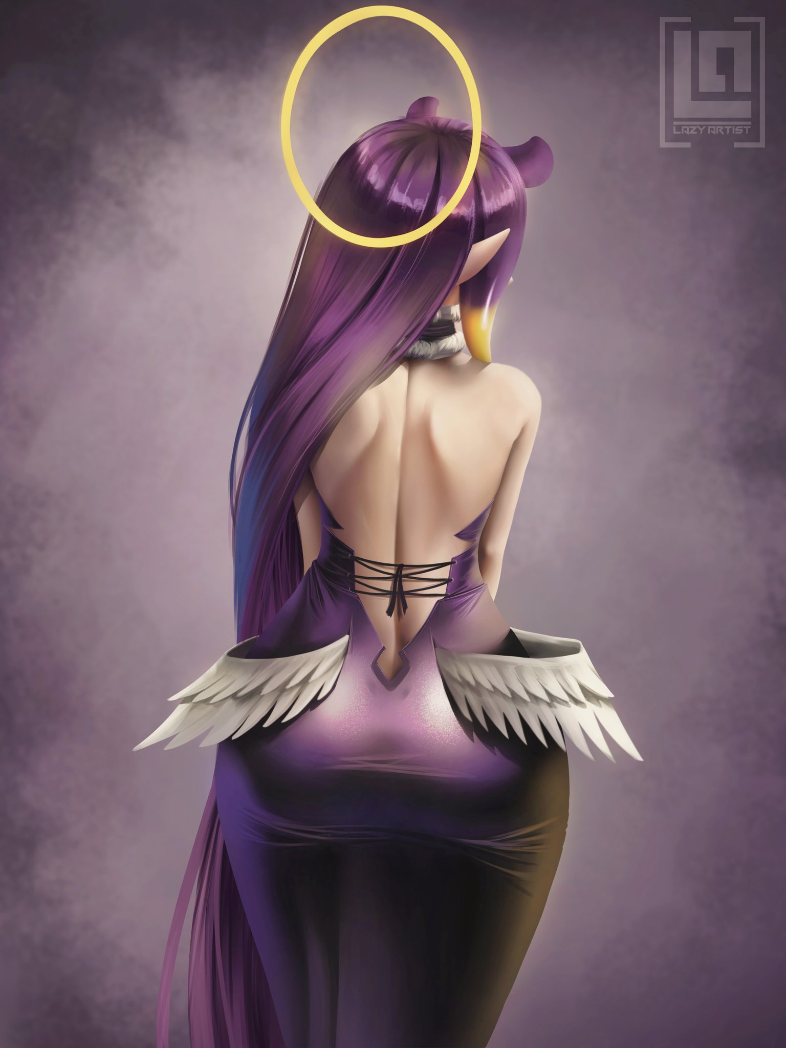 1girls, angel, angel wings, ass, ass focus, back, back view, backless dress, backless outfit, big ass, dress, female, female only, halo, hololive, hololive english, hololive myth, holomyth, lazyartist, light skin, light-skinned female, long hair, looking away, ninomae ina'nis, purple hair, tagme, tight clothing, tight dress, tight fit, virtual youtuber, wings