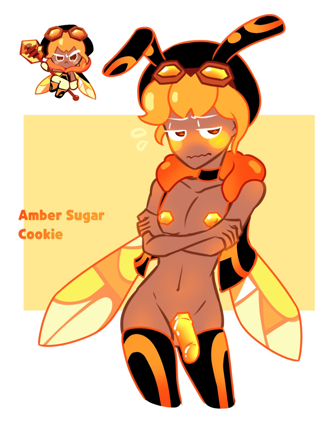 1boy amber_sugar_cookie beanie bee_antennae bee_wings blush brown_eyes choker closed_mouth cookie_run crossed_arms embarrassed femboy goggles goggles_on_head honeycomb jacket looking_at_viewer male_only marshii_lewds open_eyes orange_blush orange_hair orange_penis short_hair solo solo_femboy standing stockings tan tan_skin tanned tanned_skin thighhighs wings