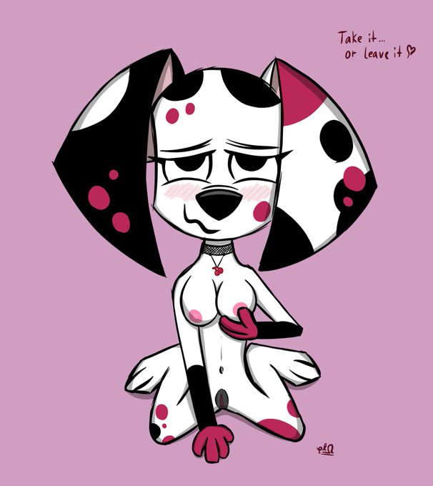 101_dalmatian_street 101_dalmatians anthro blush breast_grab breasts canine caption collar dalmatian dialogue disney eyelashes female pksldgehammer_(artist) pussy text vagina wisnia