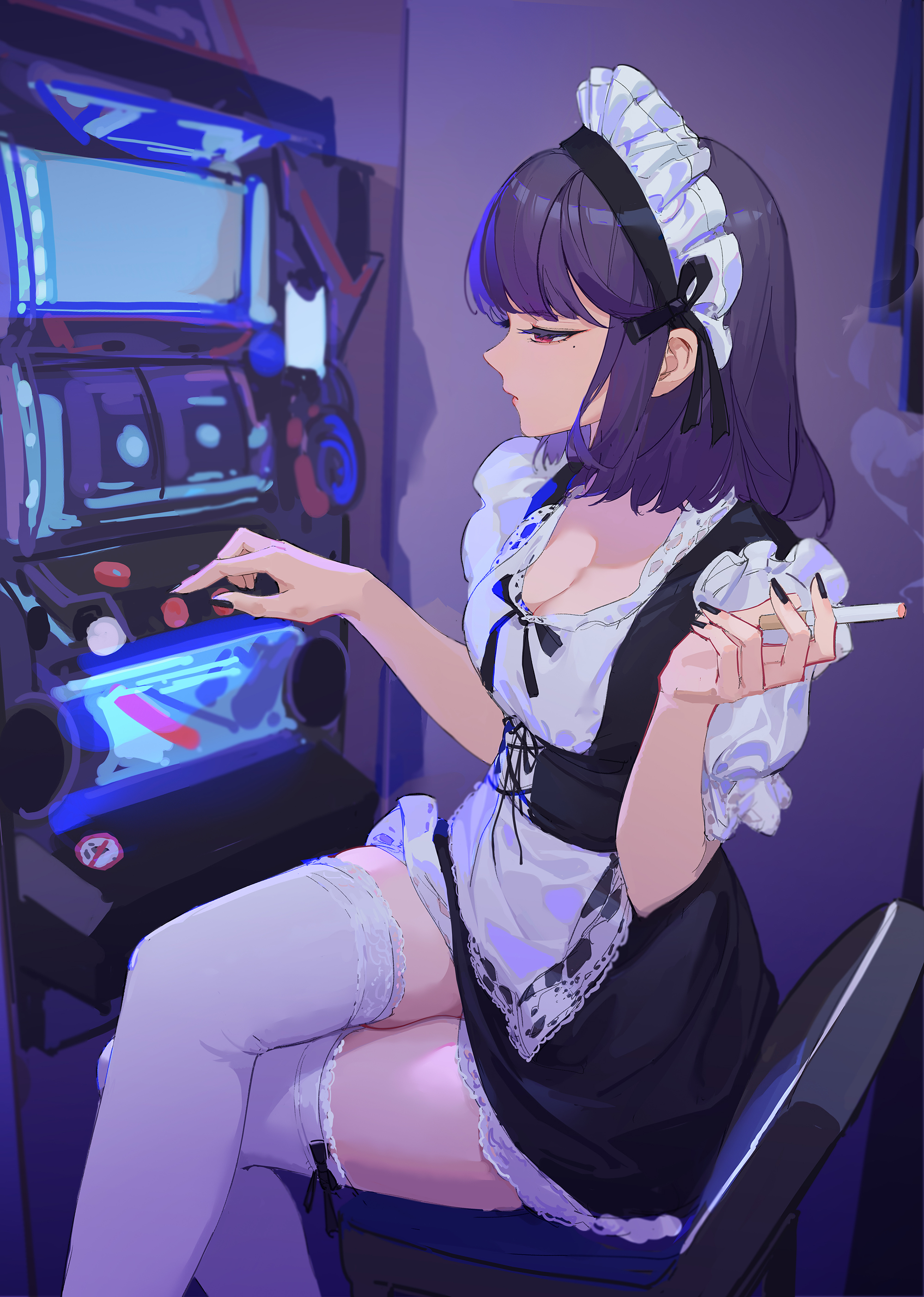 breasts, cigarette, fat thighs, female, lance (artist), maid, maid headdress, maid uniform, purple hair, red eyes, smoke, smoking, tagme, tagme (artist), tagme (character), thick, thick thighs, thigh highs, thighhighs, thighs