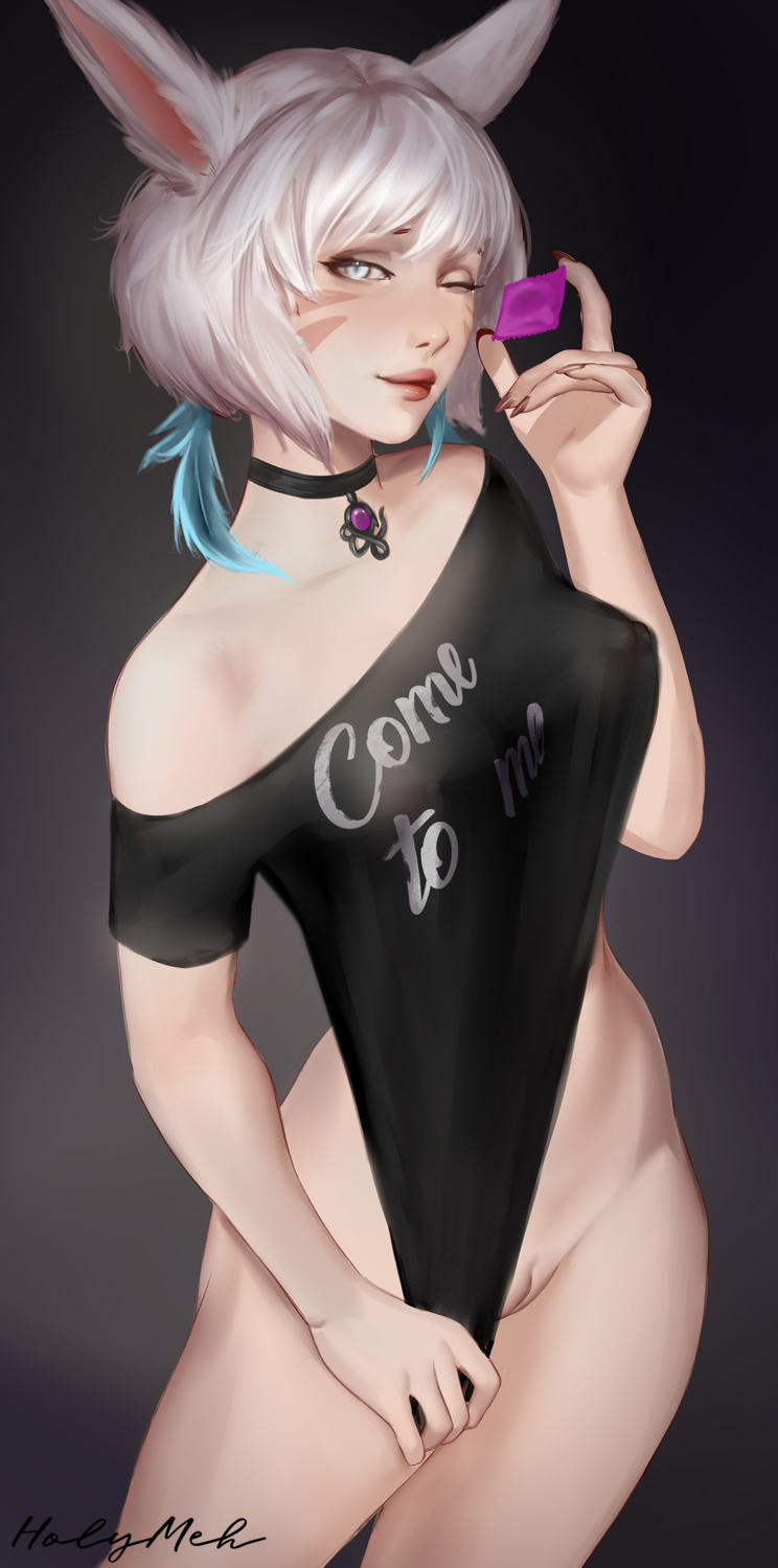 1girls, animal ears, choker, condom wrapper, erect nipples under clothes, female, final fantasy, final fantasy xiv, flashing, flashing pussy, holding condom, holymeh, inviting, miqo'te, one eye closed, pale, pose, pussy, standing, teasing, white hair, y'shtola
