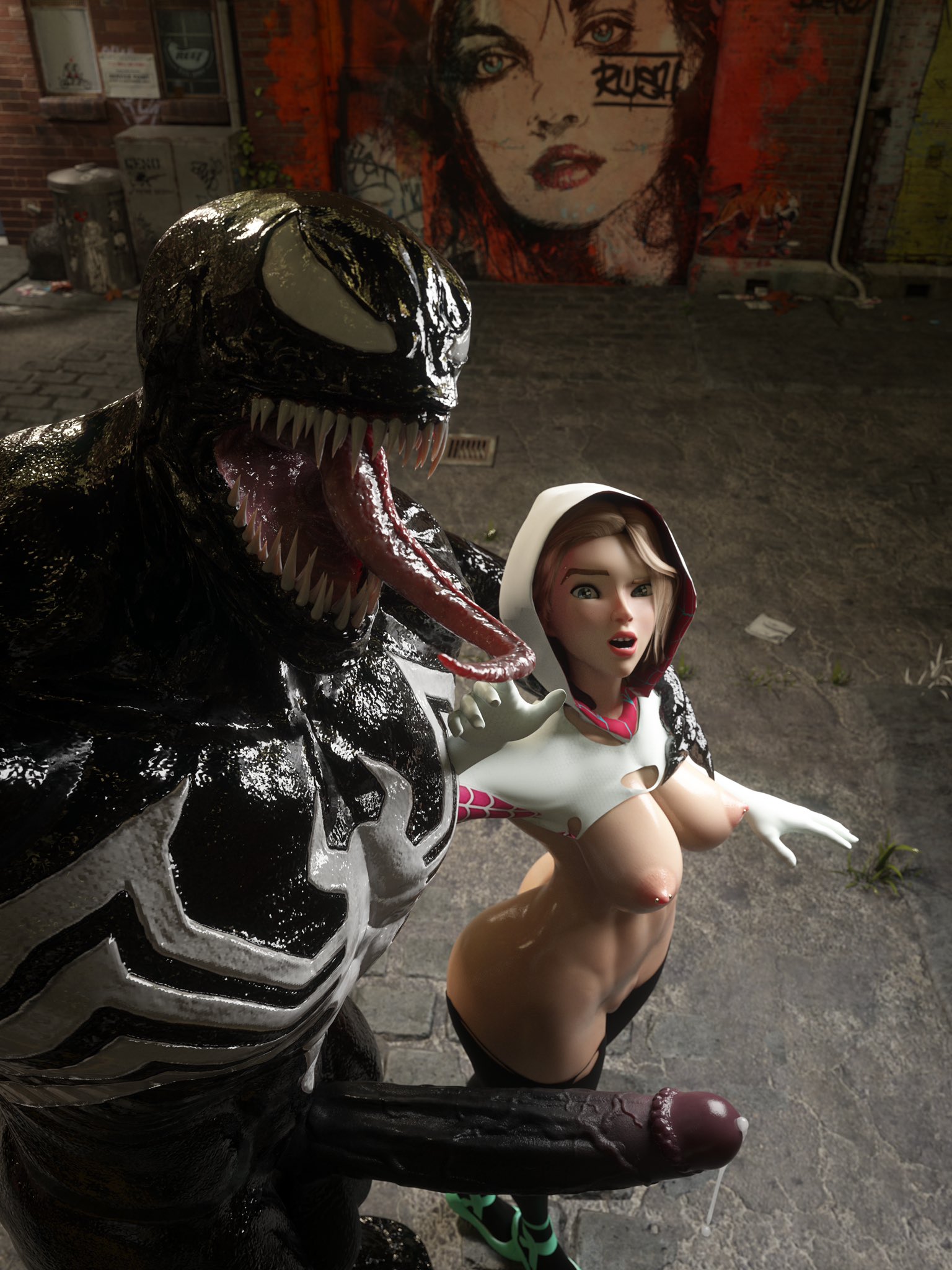 1boy, 1girls, 3d, abs, alley, ass, big ass, big penis, blonde, breasts, eyebrow piercing, female, gwen stacy, gwen stacy (spider-verse), huge cock, human, icedev, large breasts, long penis, long tongue, male, marvel, marvel comics, muscular, muscular male, penis, sharp teeth, spider-gwen, spider-man (series), straight, symbiote, torn clothing, vein, veiny penis, venom (marvel)