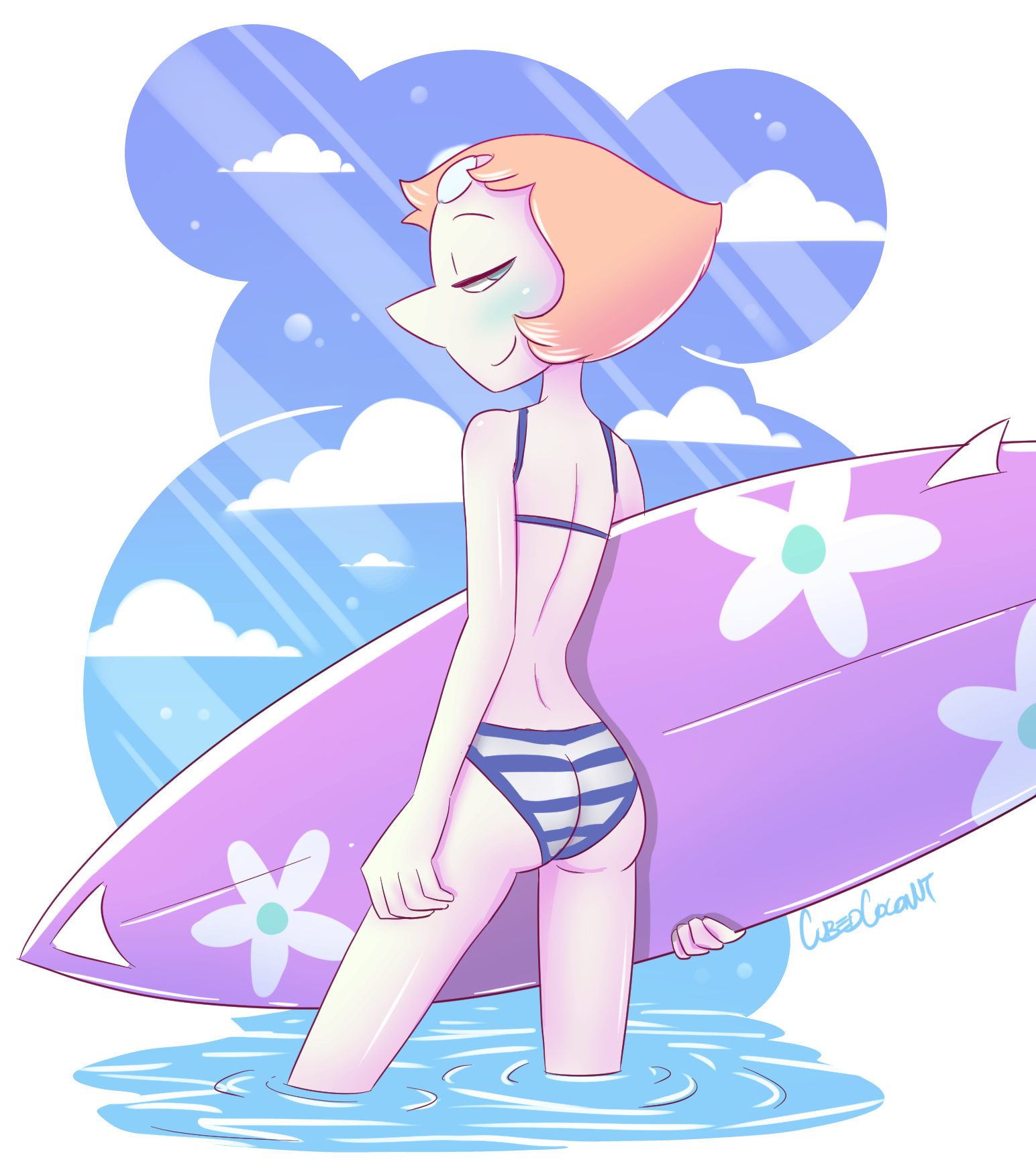 alien, alien girl, ass, bare back, bikini, cubedcoconut, female, looking at viewer, orange hair, pearl (steven universe), smile, smiling, steven universe