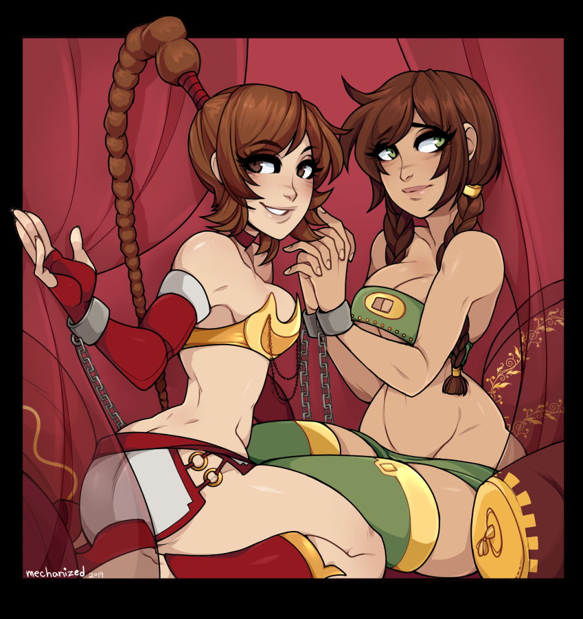 2girls asian_female ass avatar_the_last_airbender barely_clothed belly_dancer belly_dancer_outfit braid braided_hair brown_eyes brown_hair chained chained_up cleavage clothing dancer dancer_outfit female_only femsub full_body green_eyes grey_eyes handcuffs harem harem_girl harem_outfit human jin_(avatar) large_breasts long_hair looking_at_viewer mechanized medium_breasts on_knees ponytail smile stockings submissive_female thick_thighs thin_waist twintails ty_lee voluptuous wide_hips wrist_cuffs