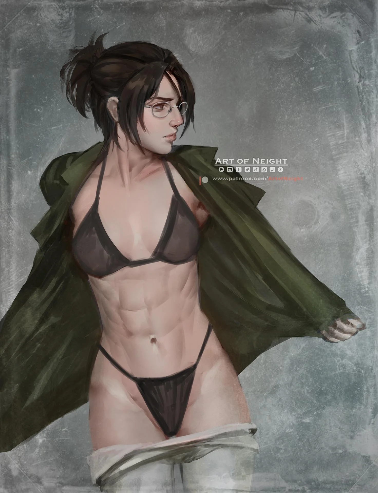 abs, attack on titan, bra, brown eyes, brown hair, eyepatch, female, female abs, female only, glasses, hair up, hanji zoe, muscular, muscular female, neight, panties, pants down, shingeki no kyojin, tagme, underwear