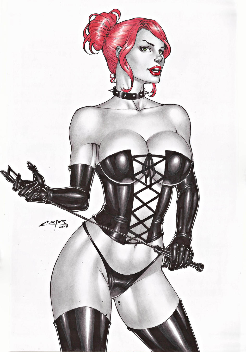 1girls 2018 black_queen bondage breasts carlos_braga collar corset dominant_female dominatrix ed_benes_studio female female_only green_eyes holding_object holding_riding_crop homo_superior jean_grey latex latex_thong marvel marvel_comics mound_of_venus mutant red_hair red_lipstick riding_crop solo spiked_collar spot_color telepath whip x-men