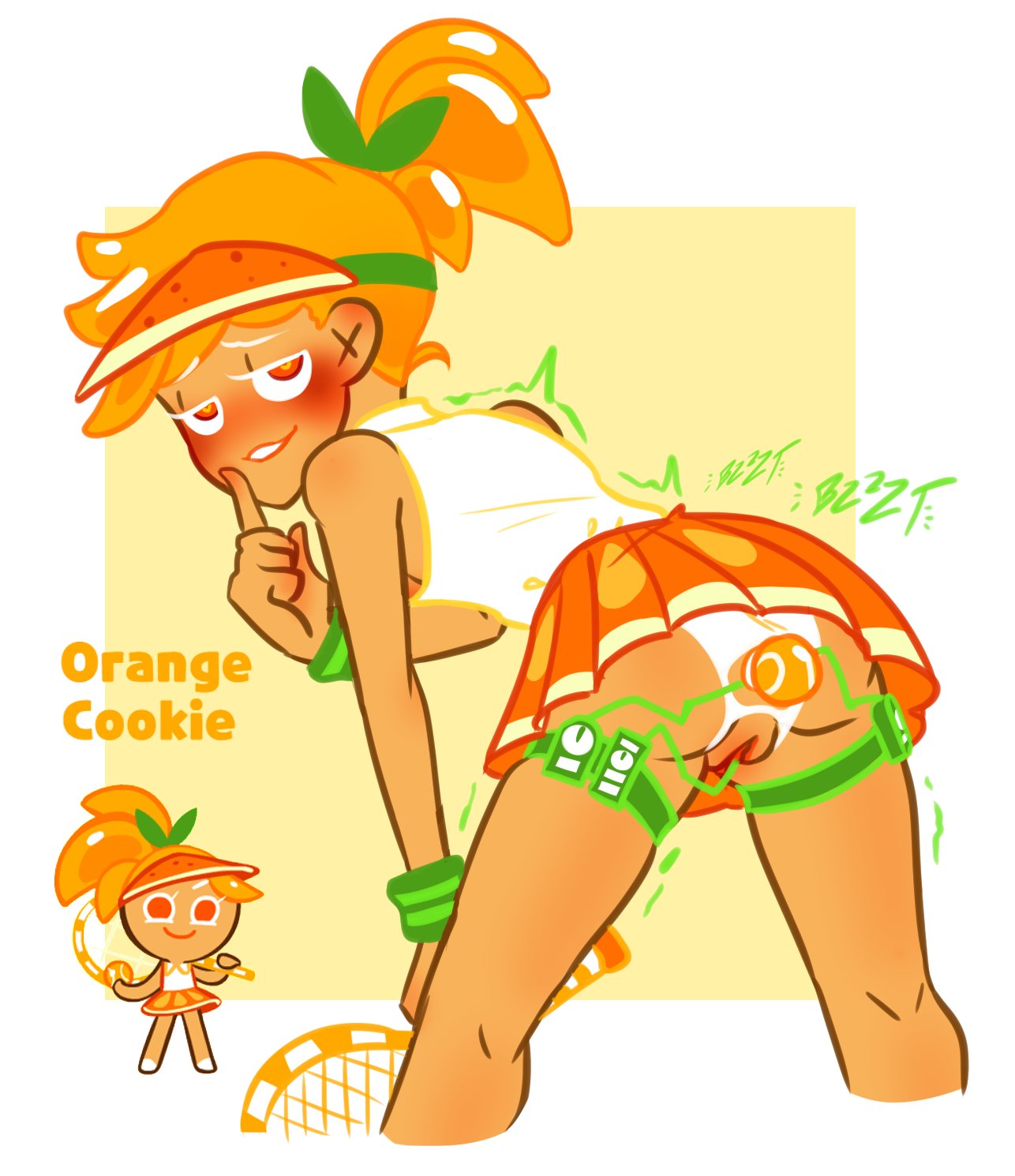 back_facing_viewer back_view bent_over blush blushing_at_viewer cookie_run eyebrows_visible_through_hair hand_to_own_mouth heart-shaped_pupils holes_in_panties looking_at_viewer looking_back marshii_lewds motion_lines open_panties orange_cookie orange_eyes orange_hair panties ponytail sex_toy shaking shaking_lines shushing skirt skirt_up sleeveless_shirt smirk smirking smirking_at_viewer sound_effects sun_visor sweatband tennis_racket tennis_uniform unusual_pupils vibrating vibrating_dildo vibrating_egg vibrator vibrator_in_anus vibrator_in_ass vibrator_in_pussy vibrator_under_clothes visor