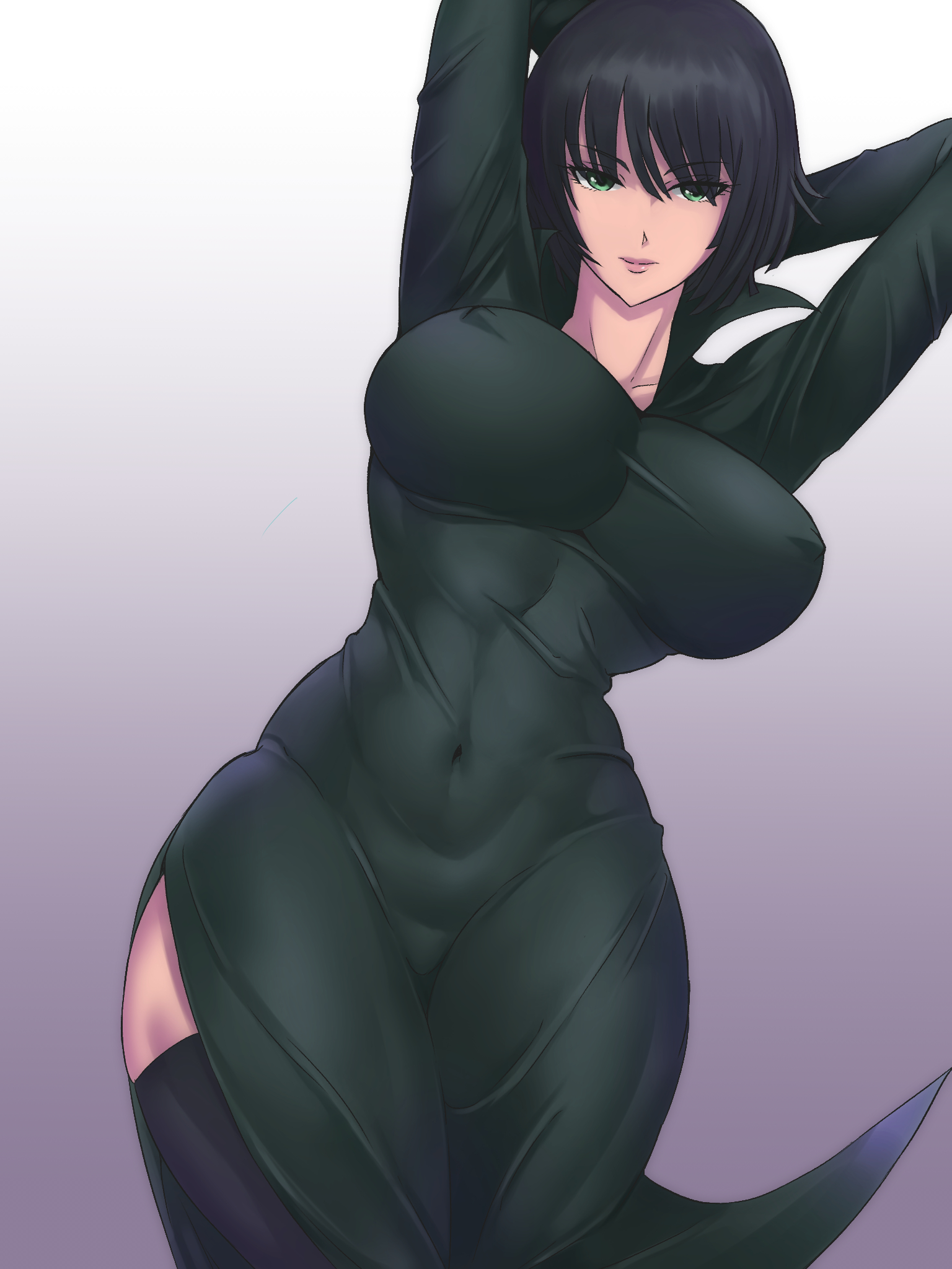 arms behind head, arms up, belly, belly button, big breasts, bob cut, boots, breasts, busty, cameltoe, clothed, clothing, covered breasts, covered navel, covered nipples, covered pussy, curvaceous, curvy, curvy female, curvy figure, dark green hair, dark hair, dress, eye contact, female, female focus, female only, fit, fit female, front view, fubuki (one-punch man), green eyes, green hair, grey background, half-closed eyes, heroine, hips, large breasts, legs, legs together, light skin, light-skinned female, lips, lipstick, looking at viewer, medium hair, midriff, navel, nipple bulge, one-punch man, pink lips, pink lipstick, plump, plump camel toe, pose, pussy, seductive, seductive eyes, seductive look, seductive mouth, seductive smile, see-through, see-through clothing, shiva (tairakuten), short hair, showing off, slim, slim waist, solo, solo female, solo focus, stockings, stomach, thick, thick legs, thick thighs, thighs, thin waist, tight clothing, toned, toned body, toned female, toned stomach, voluptuous, waist, wide hips