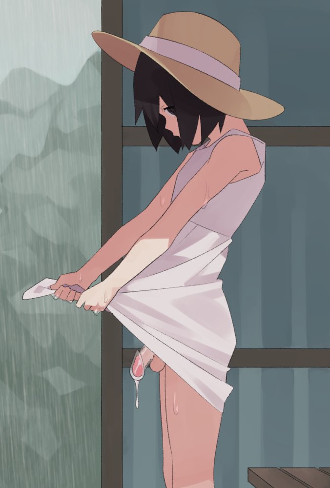 1boy, anzyupai, chastity, chastity cage, chastity device, clear chastity cage, male, male only, penis, rain, raining, solo male, tagme, white dress
