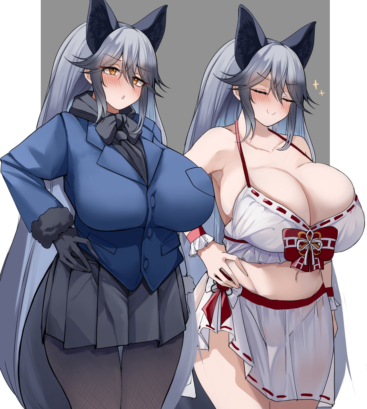 1girls, big breasts, blush, breasts, bucchibussei, business suit, cleavage, female, female only, huge breasts, kemono friends, pantyhose, silver fox (kemono friends), solo, suit, swimsuit