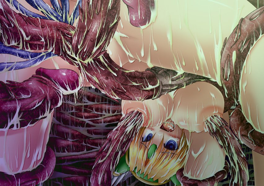 blonde_hair blue_eyes eyebrows_visible_through_hair large_breasts miso_panda nipple_penetration open_mouth riesz seiken_densetsu_3 tentacle vaginal_penetration