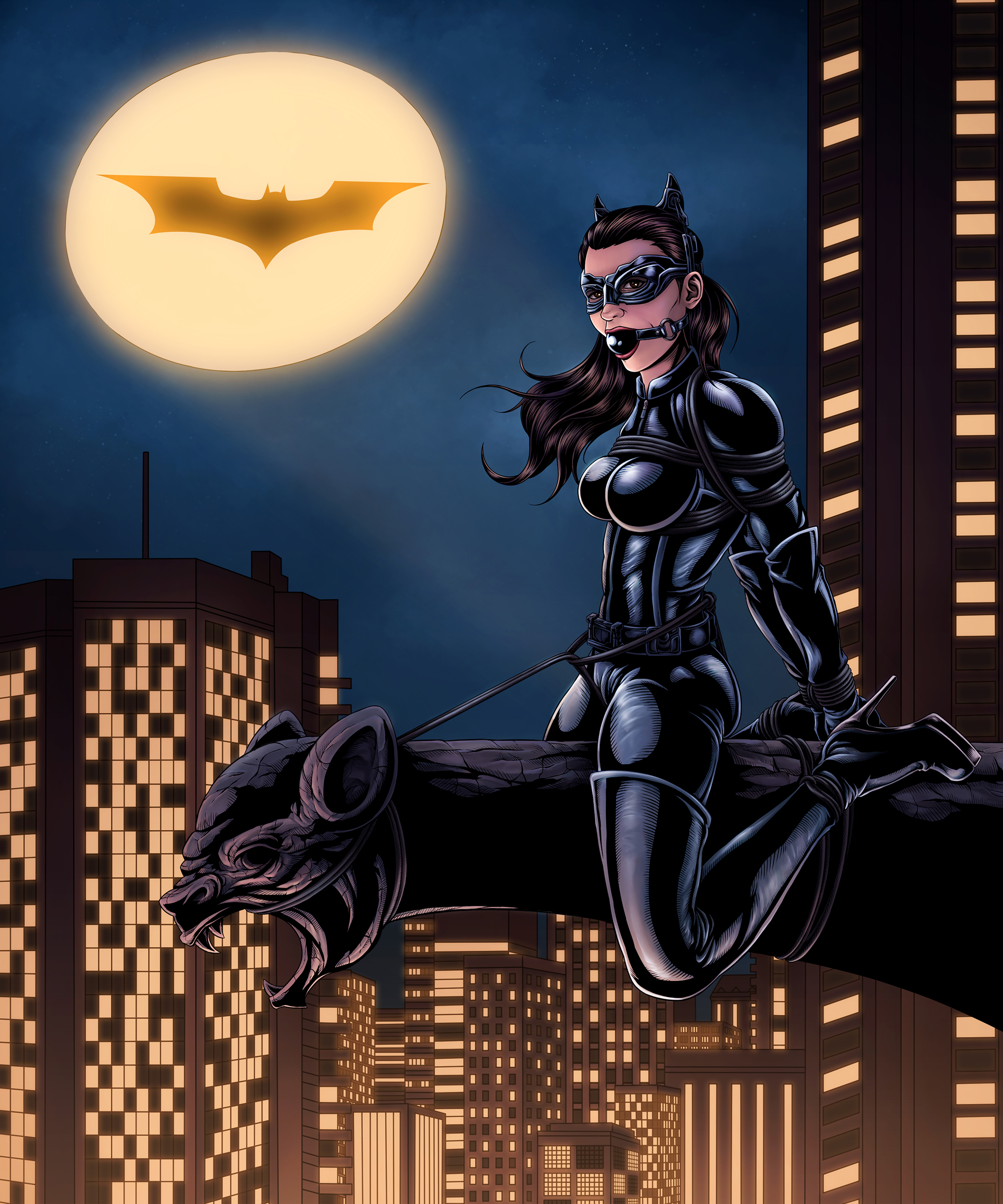 1girls, ball gag, batman (series), bodysuit, bondage, boots, bound, cat ears, catsuit, catwoman, catwoman (the dark knight rises), dc, dc comics, female, female only, femsub, fully clothed, gag, gagged, heels, high heel boots, mask, outdoors, perilchaser, rope, rope bondage, selina kyle, shiny clothes, solo, the dark knight rises, tied up, tight clothing