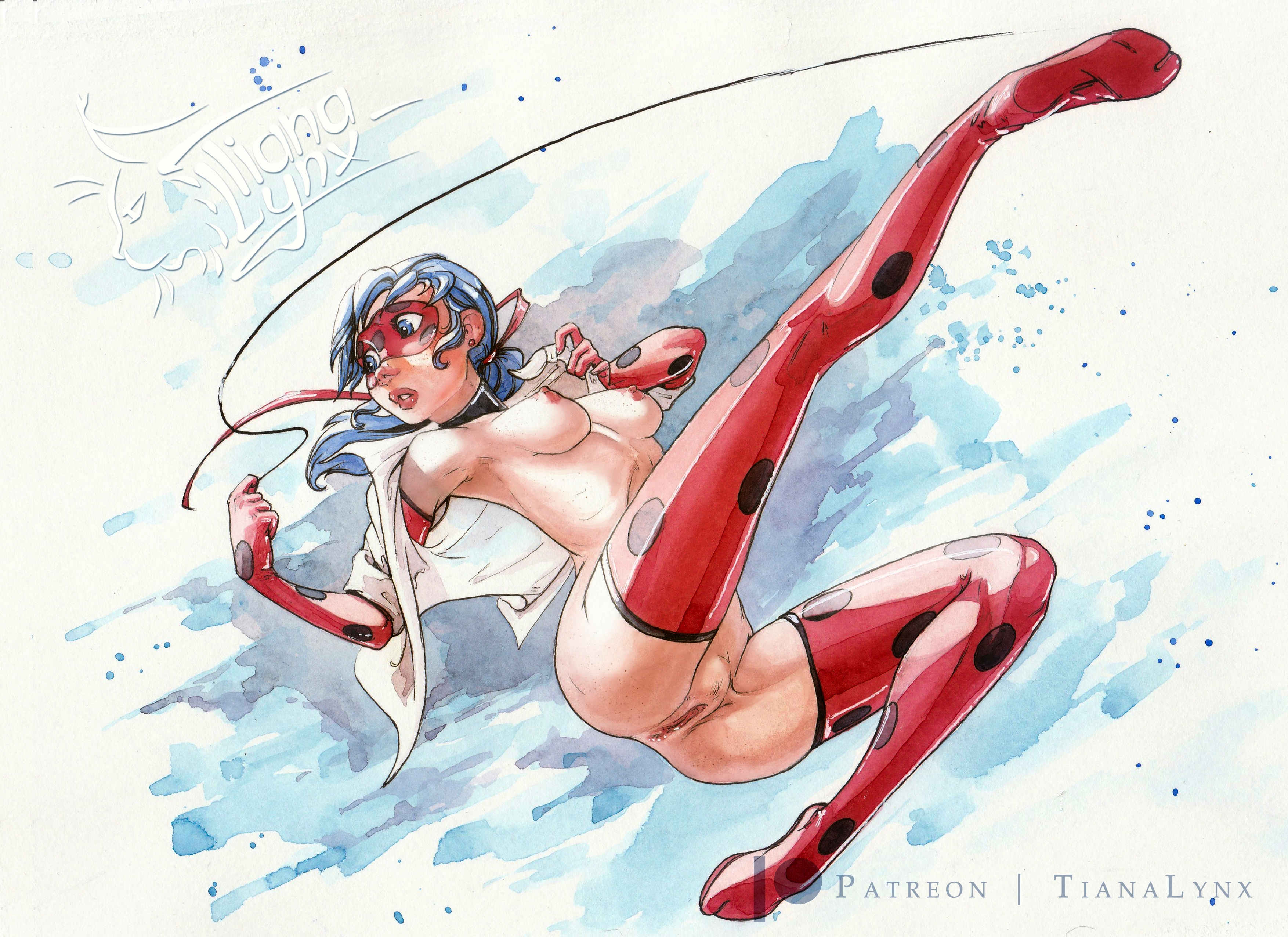 arm sleeves, blue eyes, blue hair, breasts, collar, concerned, domino mask, female, female only, functionally nude, hair ribbon, inverted costume, ladybug (character), marinette cheng, marinette dupain-cheng, miraculous ladybug, nipples, open shirt, opera gloves, polka dot, ponytail, pussy, ribbon, shirt, skinny, small breasts, solo female, thighhighs, tianalynx, watercolor (artwork)