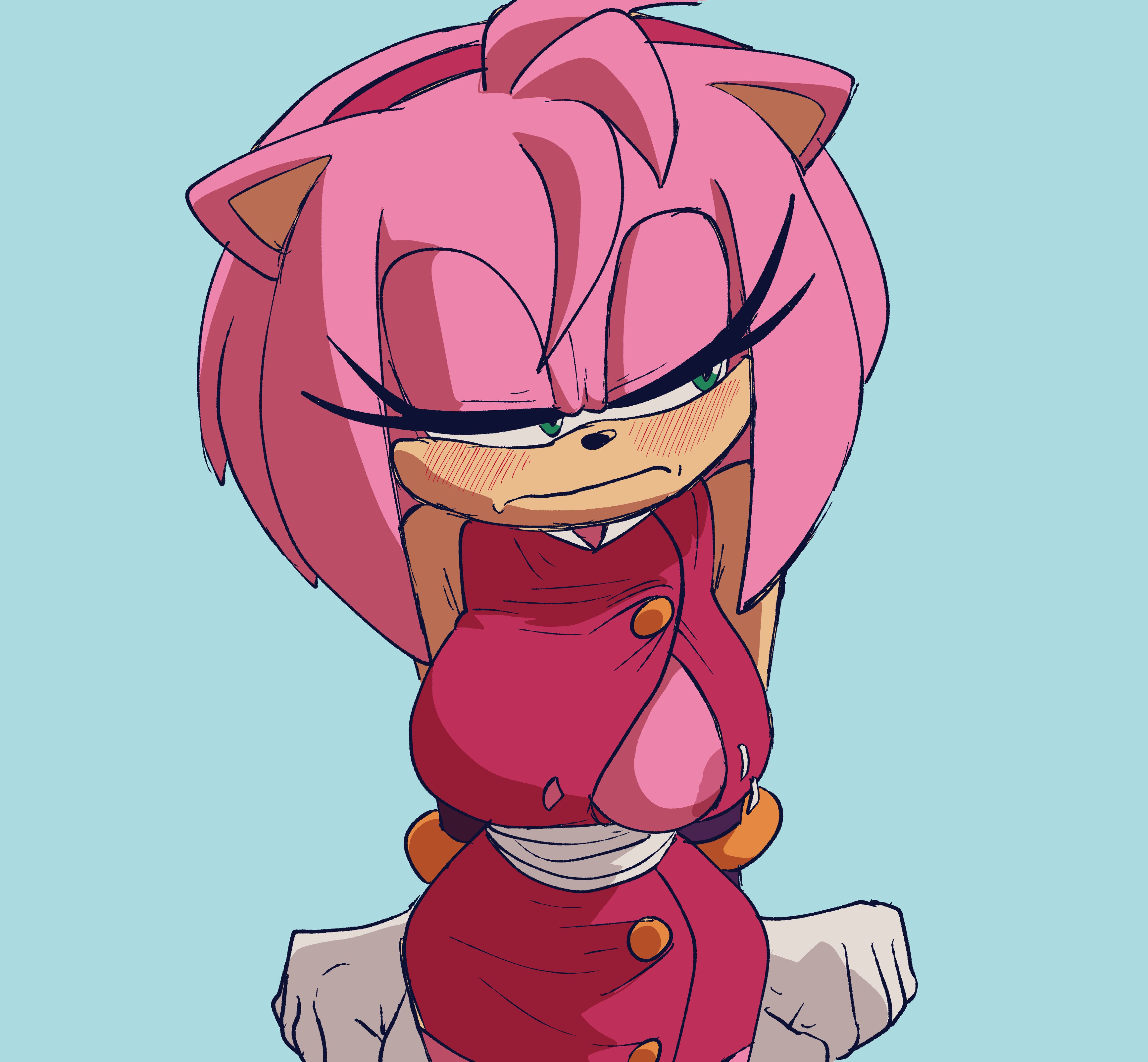 amy rose, amy rose (boom), anthro, big breasts, blush, boomerang (tv network), breast slip, breasts, breasts out, cartoon network, coolerinker, embarrassed, female, green eyes, hedgehog, inker comics, inkershike, nipple slip, no bra, sega, sonic (series), sonic boom, sonic the hedgehog (series), wardrobe malfunction
