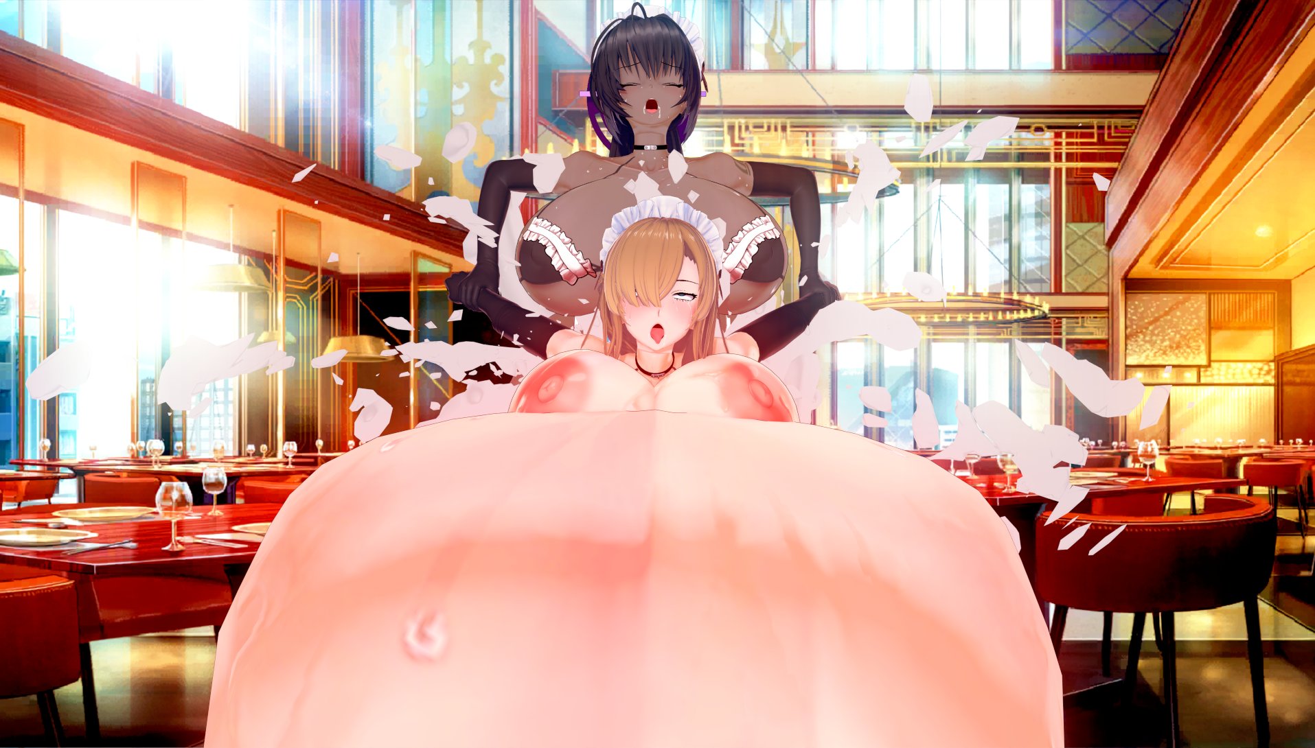 3d, asuna (blue archive), big breasts, blue archive, blush, breasts, camtri, cleaning & clearing (blue archive), cum, cum explosion, cum inside, cumflated belly, cumflation, dark skin, dark-skinned futa, drooling, excessive cum, female, futa on female, futanari, huge breasts, hyper belly, hyper cumflation, inflation, interracial, intersex, karin (blue archive), koikatsu, light skin, light-skinned female, millennium science school student, ready to pop