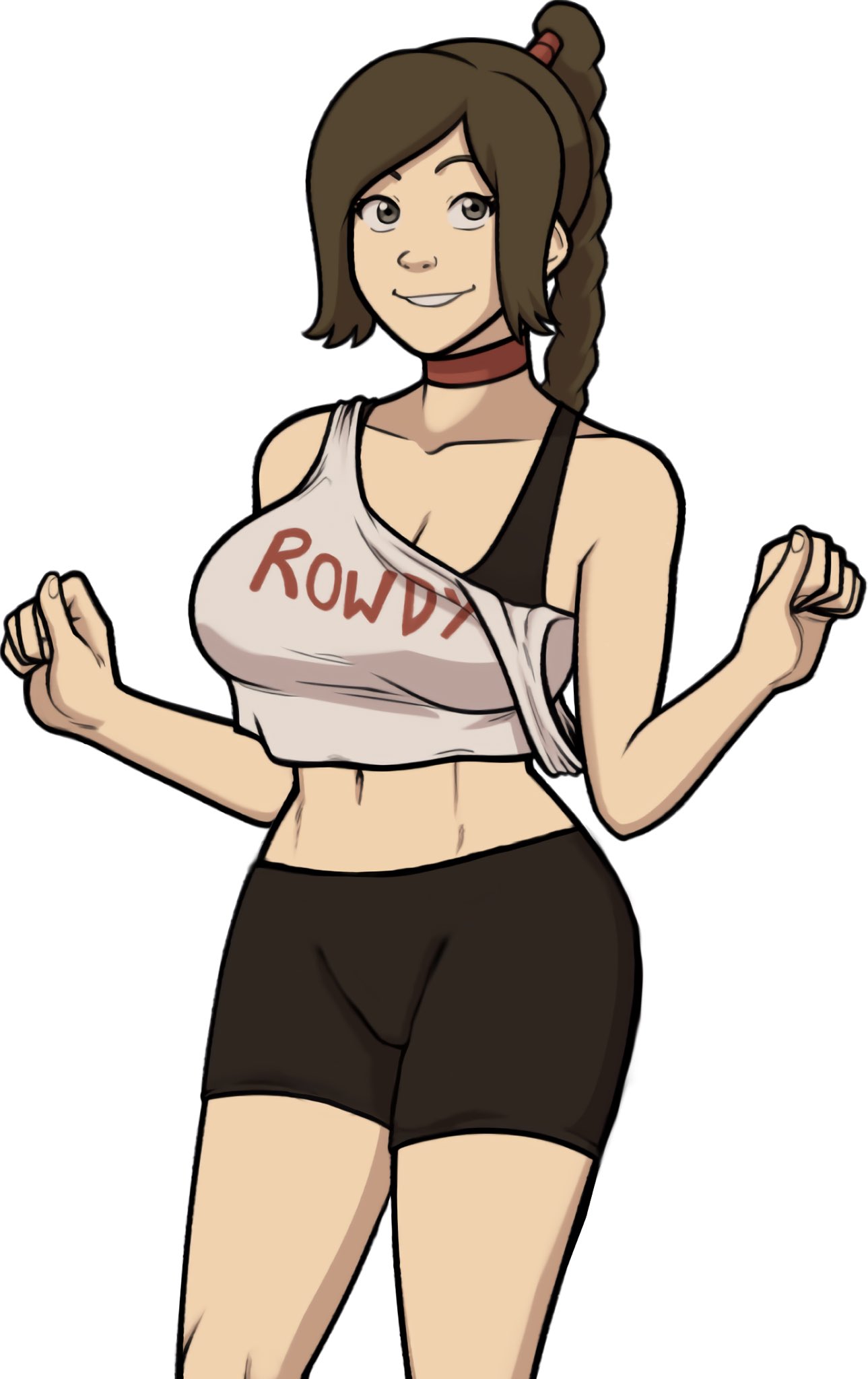 2018, avatar the last airbender, bra, braided ponytail, breasts, casual, casual clothes, clothing, female, gym shorts, large breasts, looking at viewer, mrpotatoparty, pussy, shorts, smile, smiling at viewer, solo, solo female, solo focus, straight hair, tank top, topwear, ty lee, vulva