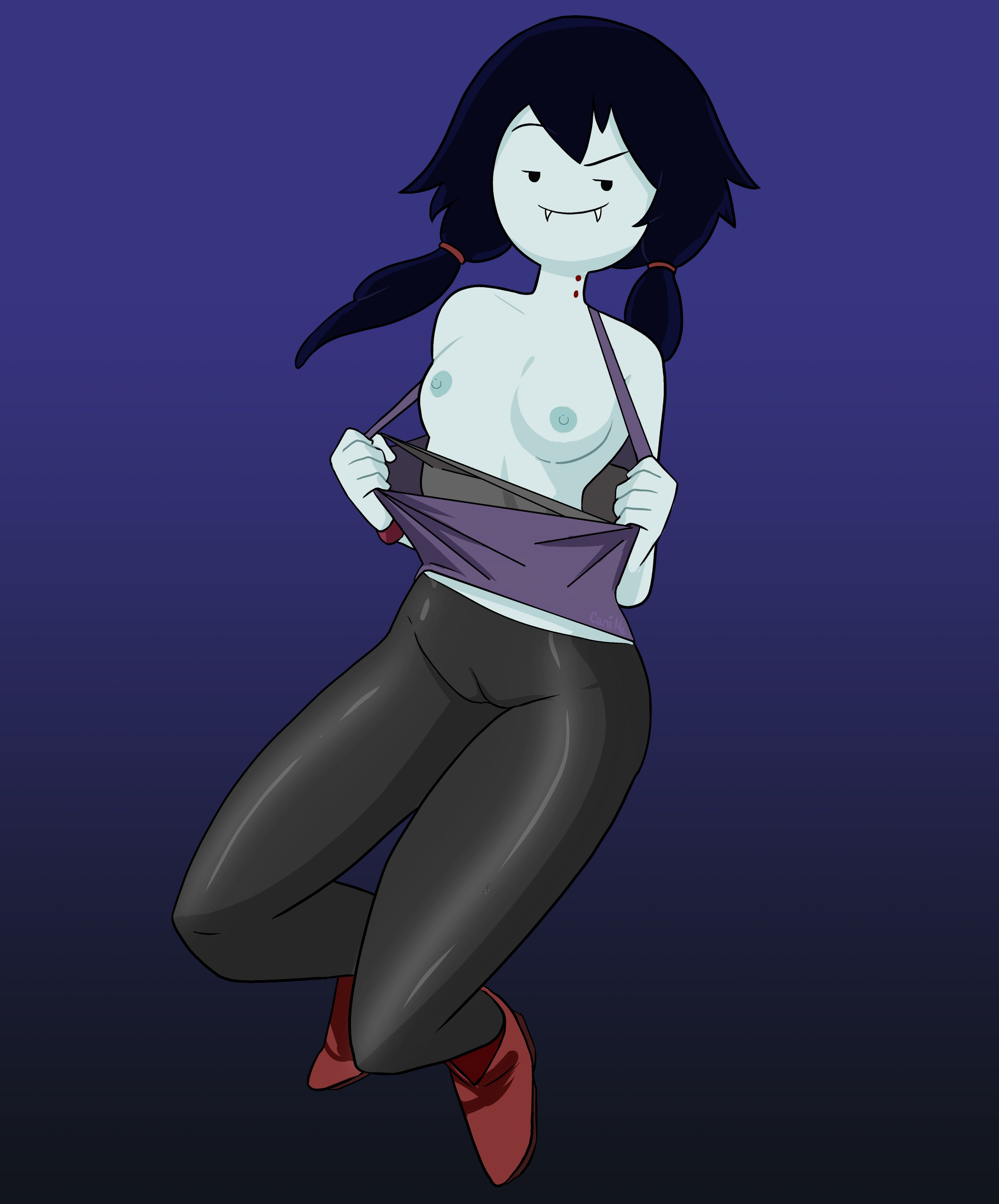 1girls, adventure time, breasts, breasts out, cani (artist), cartoon network, female, flashing, flashing breasts, gradient background, leggings, marceline, nipples, small breasts, smile, tank top, topless, twintails, vampire