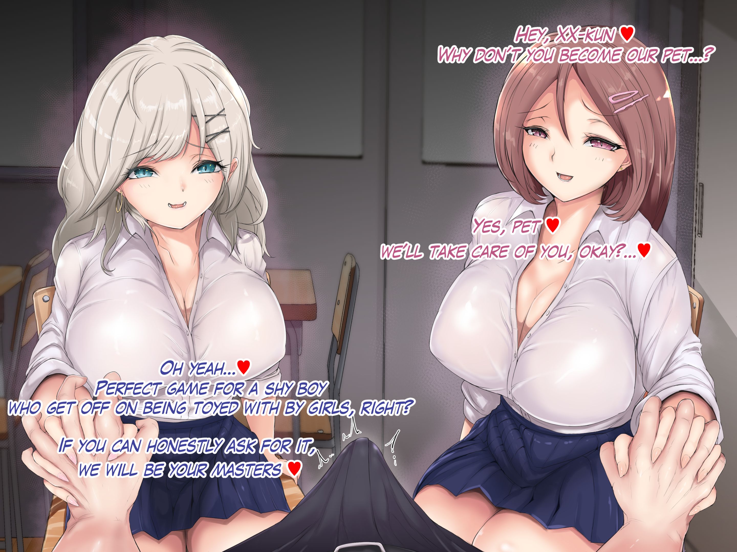 1boy, 2girls, belt, blue eyes, breasts, brown hair, chair, earrings, english, english text, erection, eyebrows visible through hair, female, hairclip, hand holding, indoors, large breasts, looking at viewer, male, pink eyes, pov, pov hands, pov male, school, school uniform, schoolgirl, sitting, sitting on chair, skirt, table, talking, talking to viewer, text, white hair
