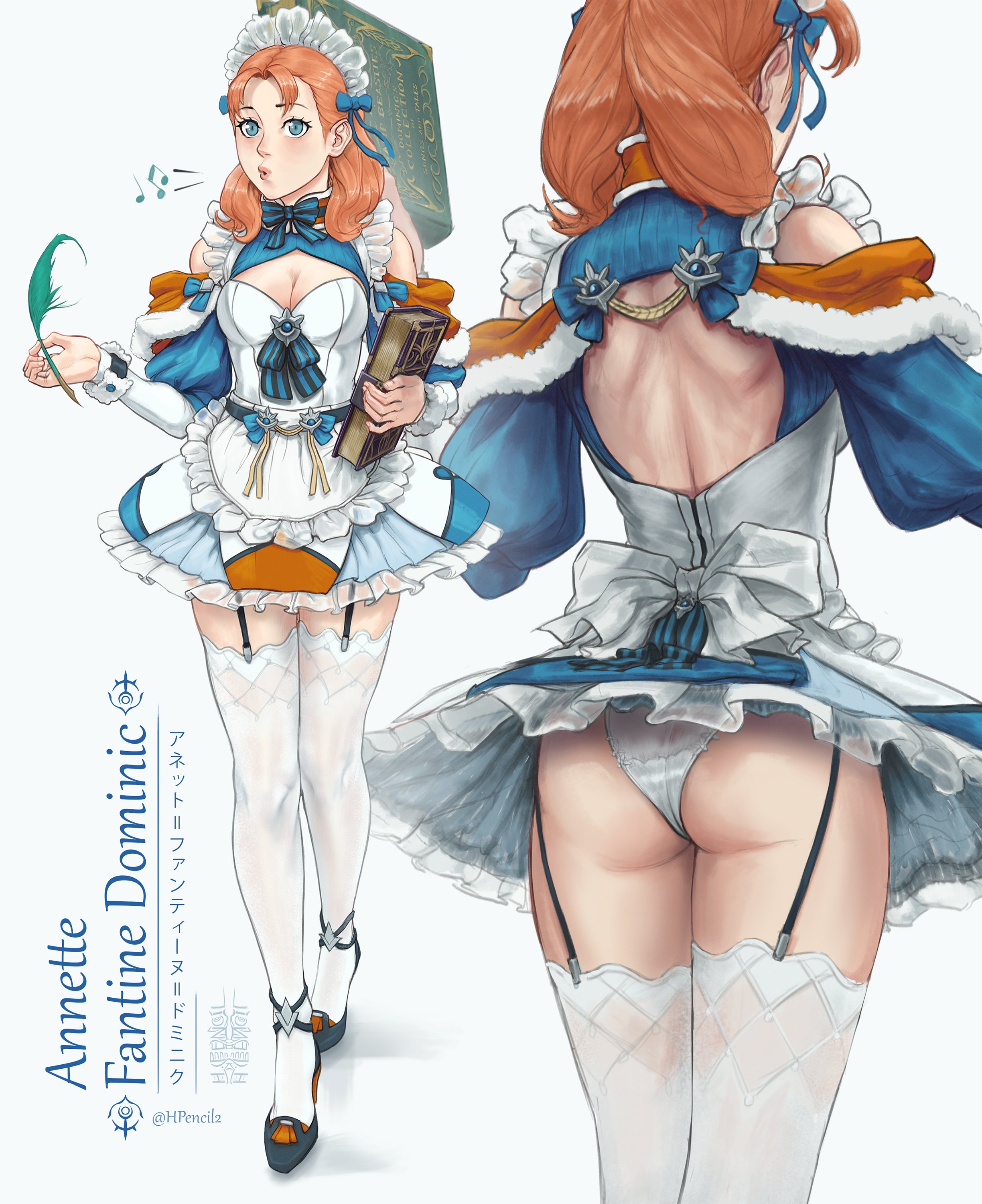 1girls, alternate costume, annette fantine dominic, ass, back, backless outfit, bare back, bare thighs, big ass, blue eyes, boob window, book, breasts, character sheet, cleavage, dress, english text, exposed ass, exposed back, exposed shoulders, feathers, female, female only, fire emblem, fire emblem: three houses, frills, garter belt, garter straps, heels, highres, hpencil, japanese text, lifted shirt, light skin, light-skinned female, lingerie, long hair, maid, maid apron, maid headdress, maid outfit, maid uniform, medium breasts, medium hair, miniskirt, musical note, nintendo, open mouth, orange hair, panties, pantyshot, pantyshot (standing), post-timeskip, pursed lips, quill, short skirt, skirt, solo, stockings, text, thighhighs, thighs, underwear, upskirt, watermark, whistle, whistling, white background, white legwear, white panties, white stockings