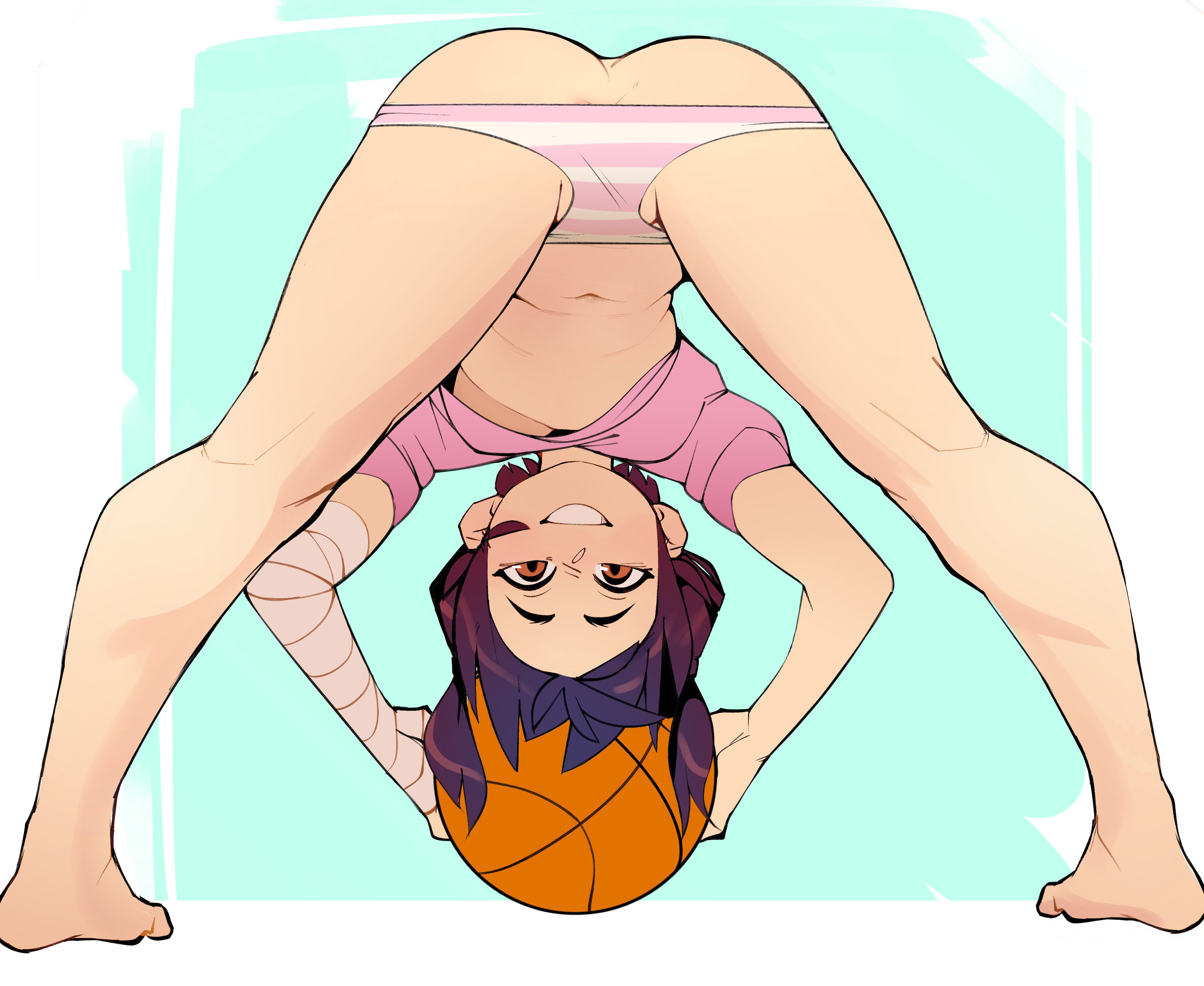 1girls, ass, bandage, barefoot, basketball, bent over, boonsky, female, from behind, kanbaru suruga, looking at viewer, monogatari (series), panties, pink shirt, short hair, smile, striped panties, upside-down