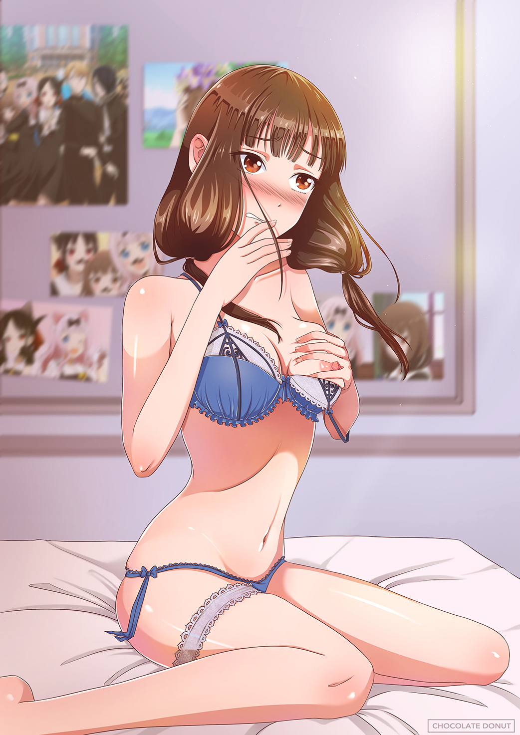 1girls bra breasts chocolate_donut embarrassed female_only grabbing_own_breast iino_miko imminent_masturbation kaguya-sama_wa_kokurasetai_~tensai-tachi_no_renai_zunousen~ kneeling_on_bed lingerie one_breast_out panties pleasure_face solo