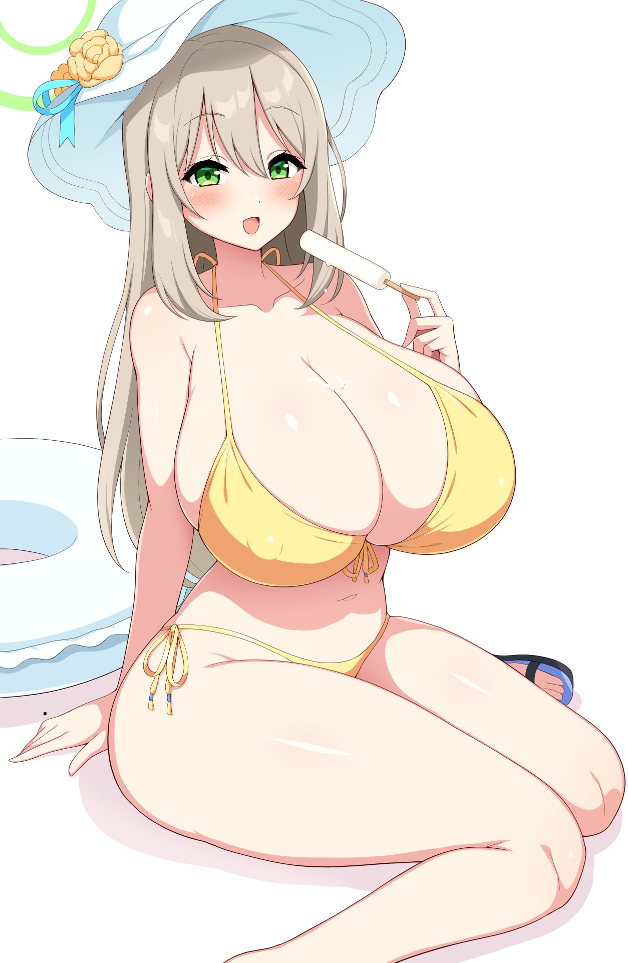 1girls, 2022, aikome (haikome), bikini, blonde hair, blue archive, blush, breasts, cleavage, female, female only, food, green eyes, haikome, hat, hips, holding object, huge breasts, large hat, long hair, looking at viewer, massive breasts, nonomi (blue archive), nonomi (swimsuit) (blue archive), popsicle, side-tie bikini, slim waist, smile, sun hat, thick thighs, thighs, wide hips, yellow bikini
