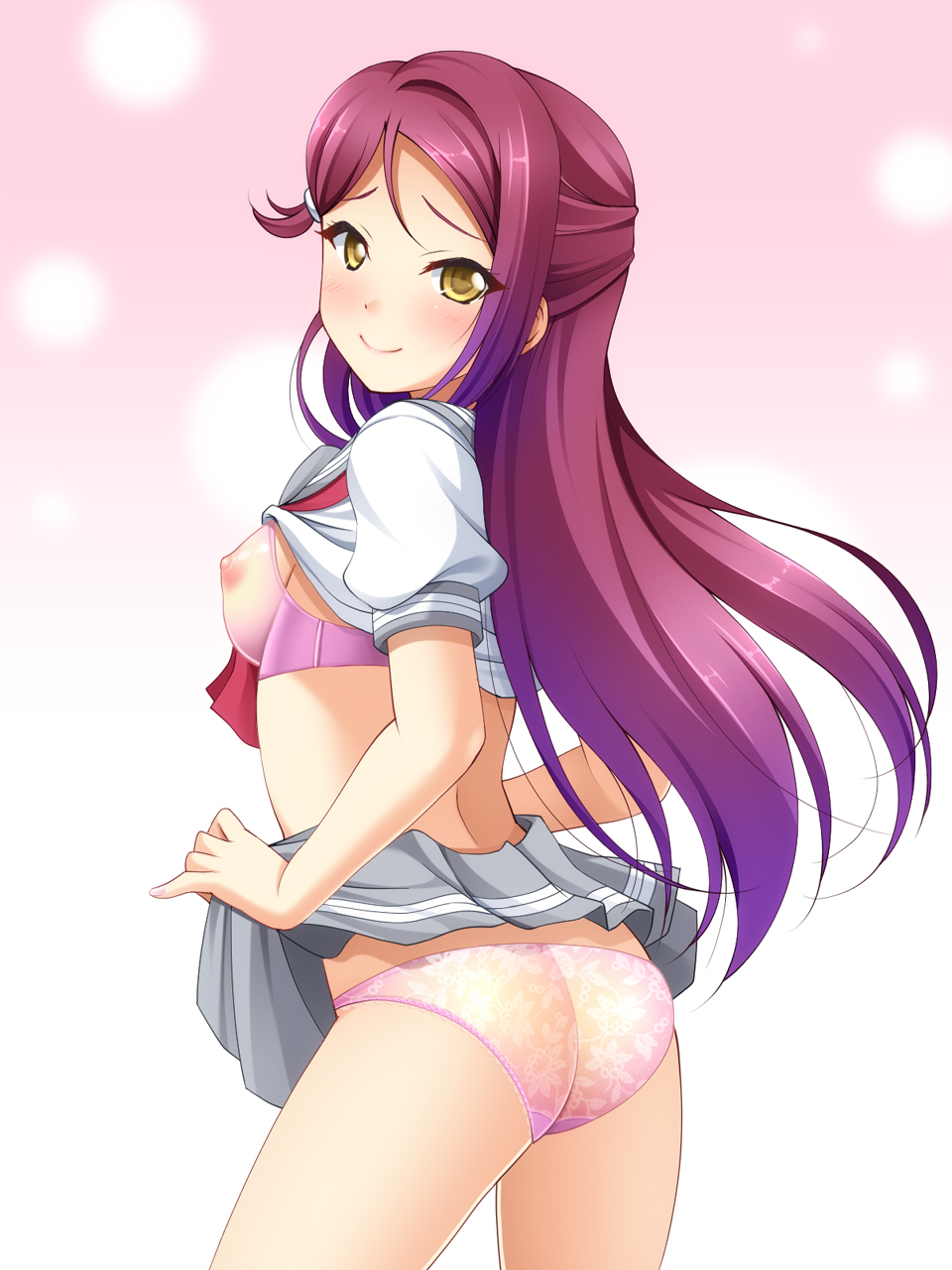 artist_request ass blouse_lift blush bra breasts clothes_lift female long_hair love_live! love_live!_sunshine!! medium_breasts nipples panties purple_bra purple_hair purple_panties sakurauchi_riko school_uniform simple_background skirt skirt_lift smile solo tagme underwear undressing yellow_eyes