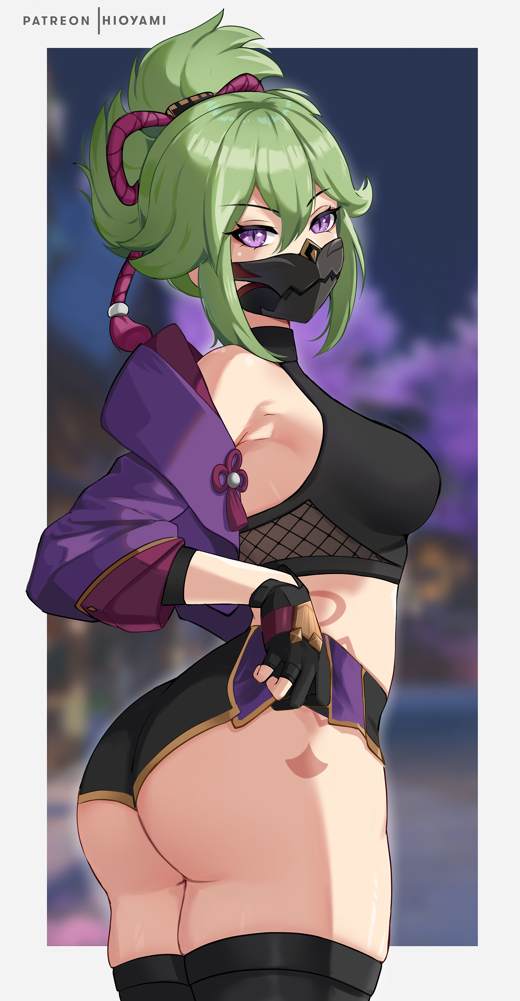 1girls, 2022, ass, breasts, female, female only, genshin impact, green hair, hi res, hioyami, hips, huge ass, kuki shinobu, kunoichi, large breasts, looking at viewer, mask, ninja, purple eyes, slim waist, thick thighs, thighs, tied hair, wide hips