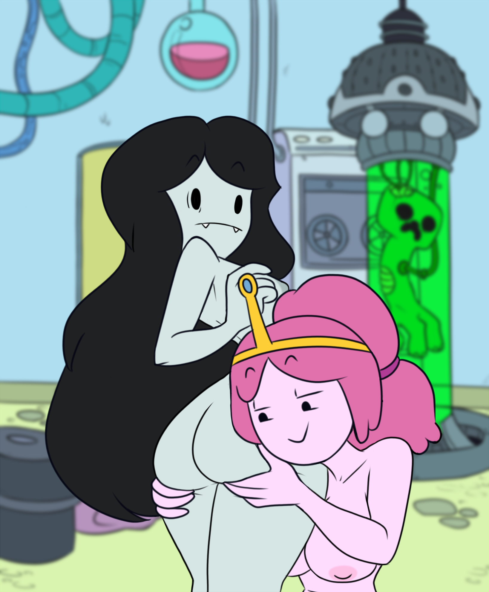 2girls, adventure time, areolae, ass, ass grab, bare, bat, big ass, big breasts, blush, breasts, canon couple, clothing, creeper (minecraft), female, female only, grabbing, hand on ass, marceline, naked, nipples, nude, panties, pinkaruu, princess bubblegum, solo female, underwear, vampire, very long hair, yuri