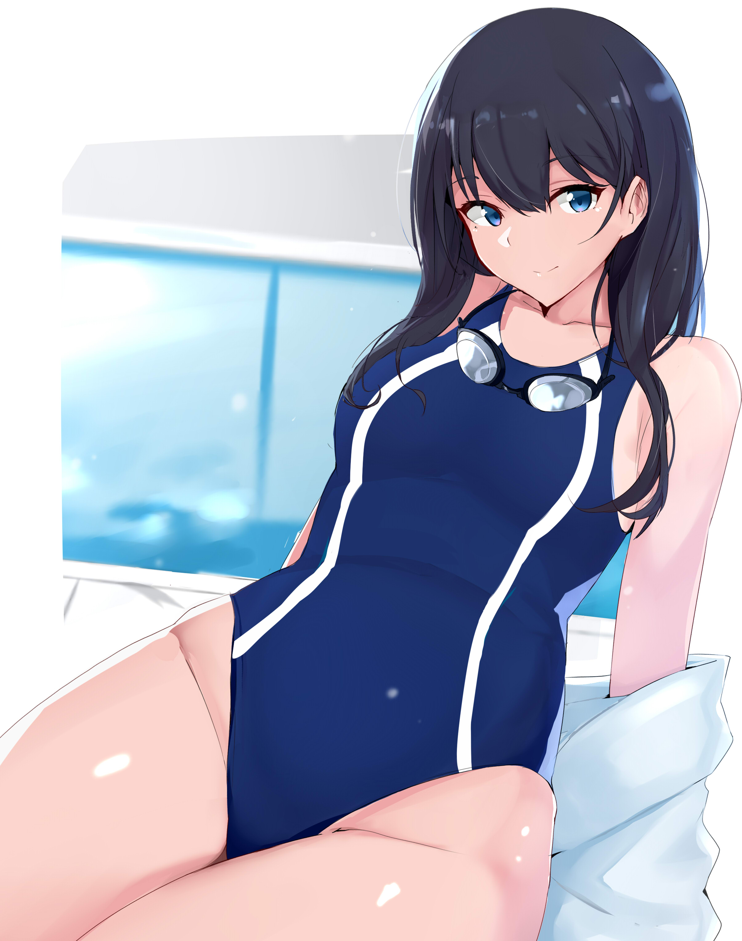 1girls, black hair, blue eyes, female, goggles, goggles around neck, maruyaa (malya1006), smile, solo, solo female, solo focus, ssss.gridman, swimsuit, tagme, takarada rikka, thick thighs, thighs