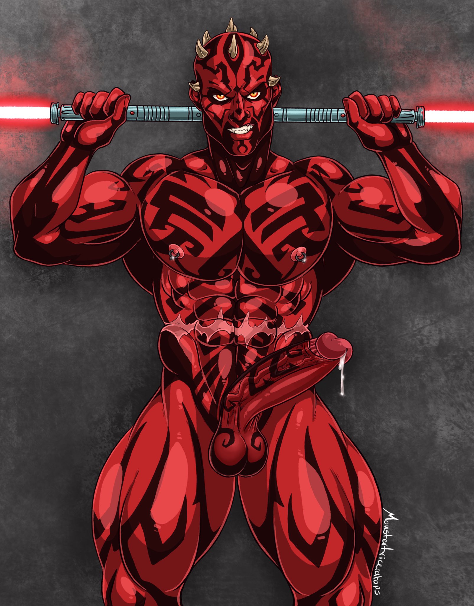 2021, artist name, balls, balls markings, bara, big balls, big penis, body markings, darth maul, dual-bladed lightsaber, foreskin, holding lightsaber, horns, lightsaber, lucasfilm, male, male only, muscular, muscular male, naked, naked male, nipple piercing, nipples, nude, nude male, penis, penis markings, piercing, precum, red lightsaber, scar, smile, smiling at viewer, solo, solo male, star wars, testicles, triceramonster, uncircumcised, uncut, yaoi, yellow eyes, zabrak