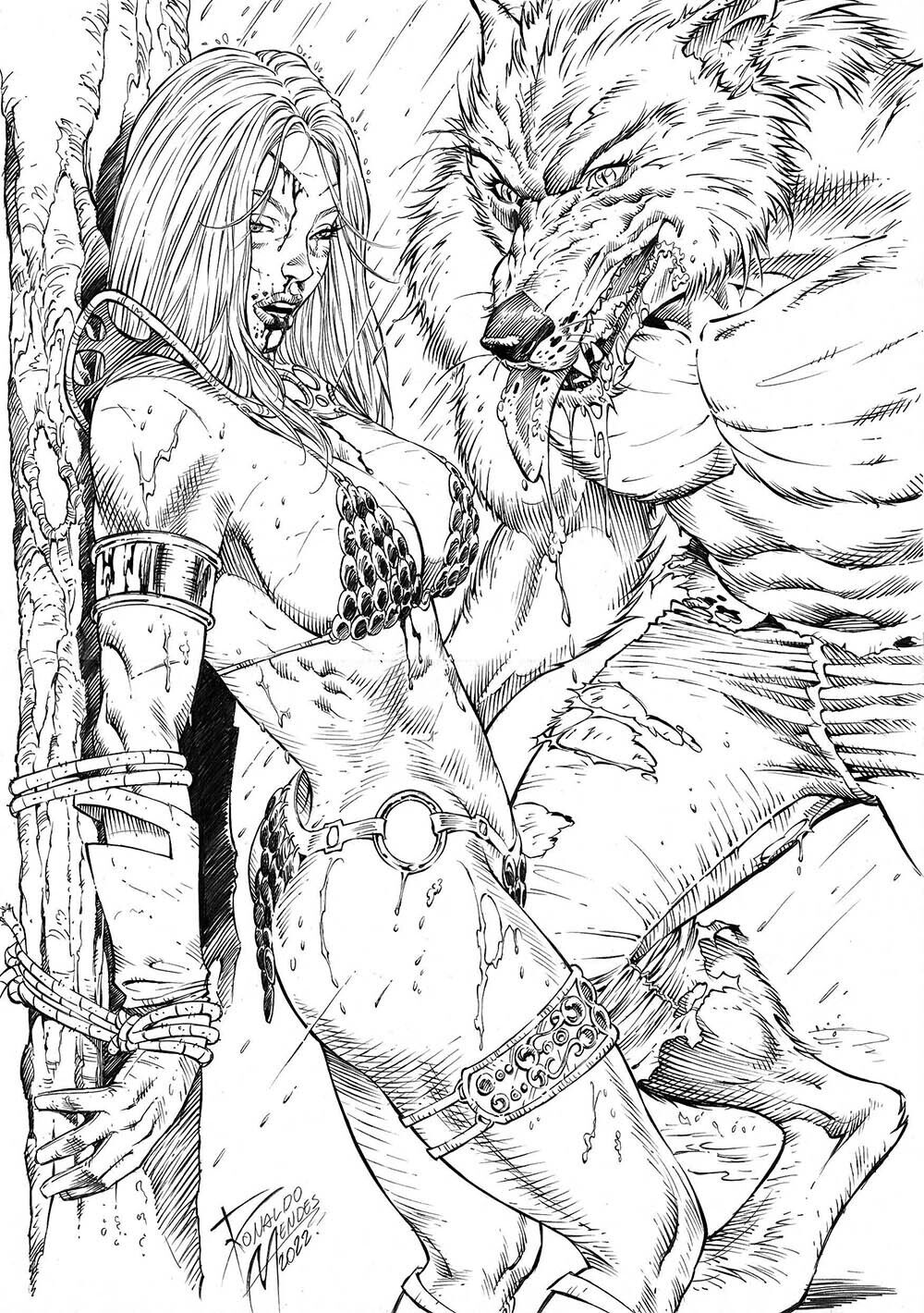 1boy 1girls bad_end begging_for_mercy bleeding bound_wrists bruise brutalized captured captured_heroine defeated defeated_heroine doomed_heroine imminent_guro imminent_rape monster no_escape red_sonja red_sonja_(comics) restrained restraints ronaldo_mendes ryona source_request tragic_fate werewolf