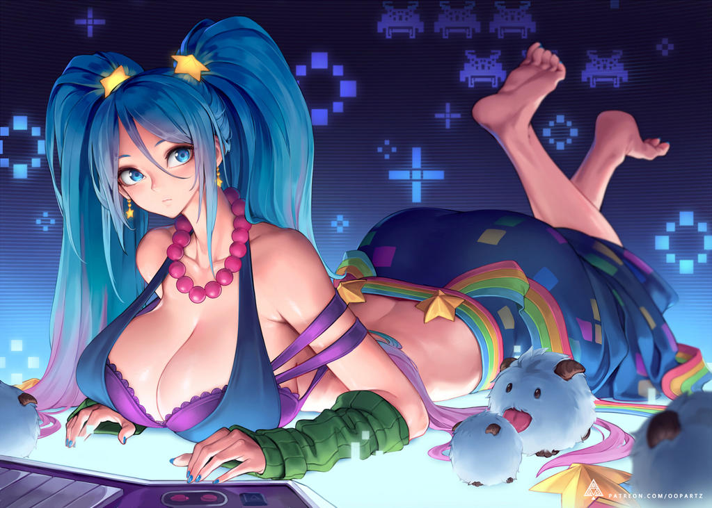 1girls arcade_sona barefoot big_ass big_breasts blue_eyes blue_hair cleavage cute feet feet_up female female_only league_of_legends light-skinned_female oopartz_yang solo sona_buvelle