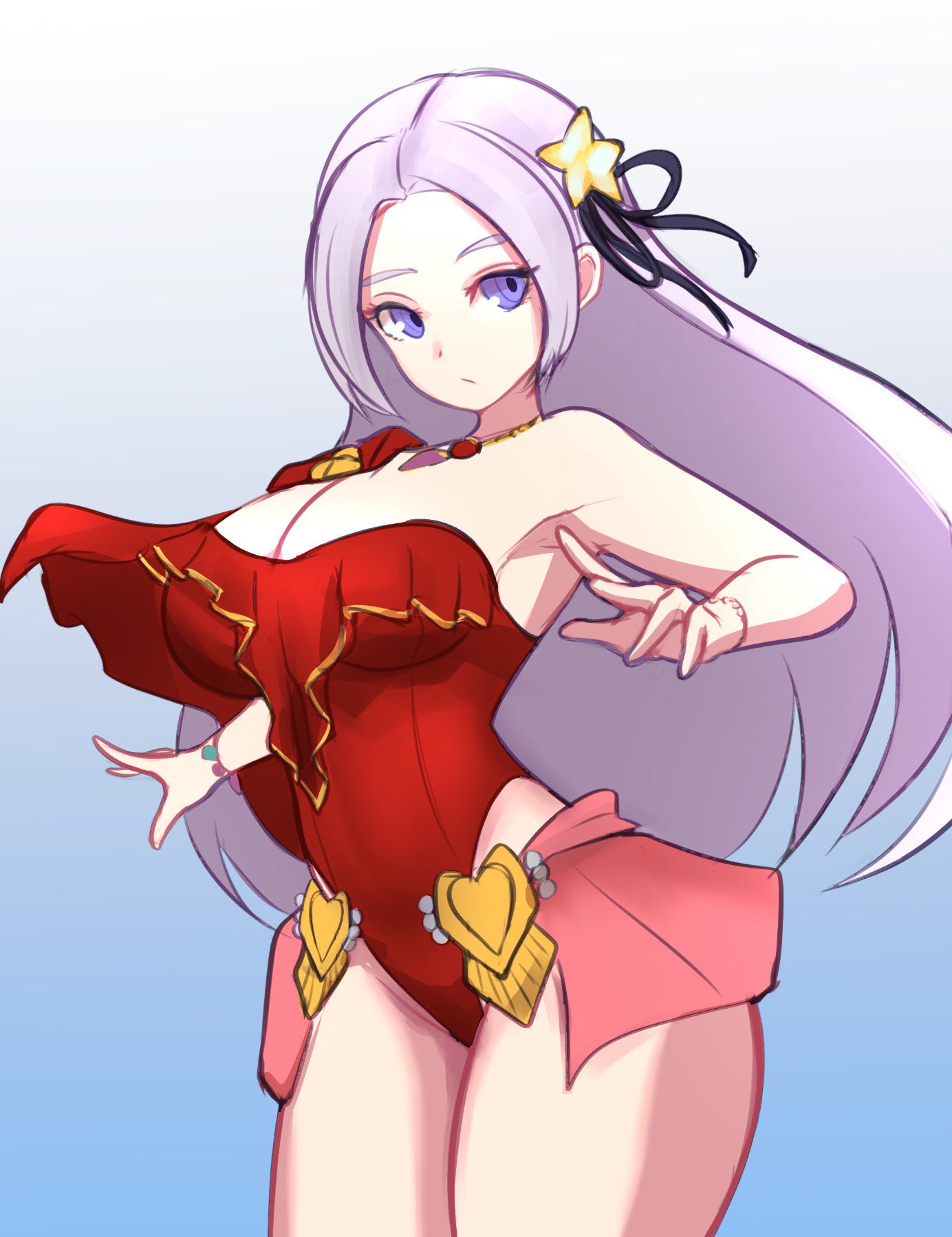 1girls alternate_costume breasts cape cleavage closed_mouth edelgard_von_hresvelg edelgard_von_hresvelg_(summer) female female_only fire_emblem fire_emblem:_three_houses fire_emblem_heroes hair_ornament hair_ribbon highres jaxartdump long_hair looking_at_viewer nintendo official_alternate_costume one-piece_swimsuit purple_eyes red_swimsuit ribbon simple_background solo swimsuit white_hair