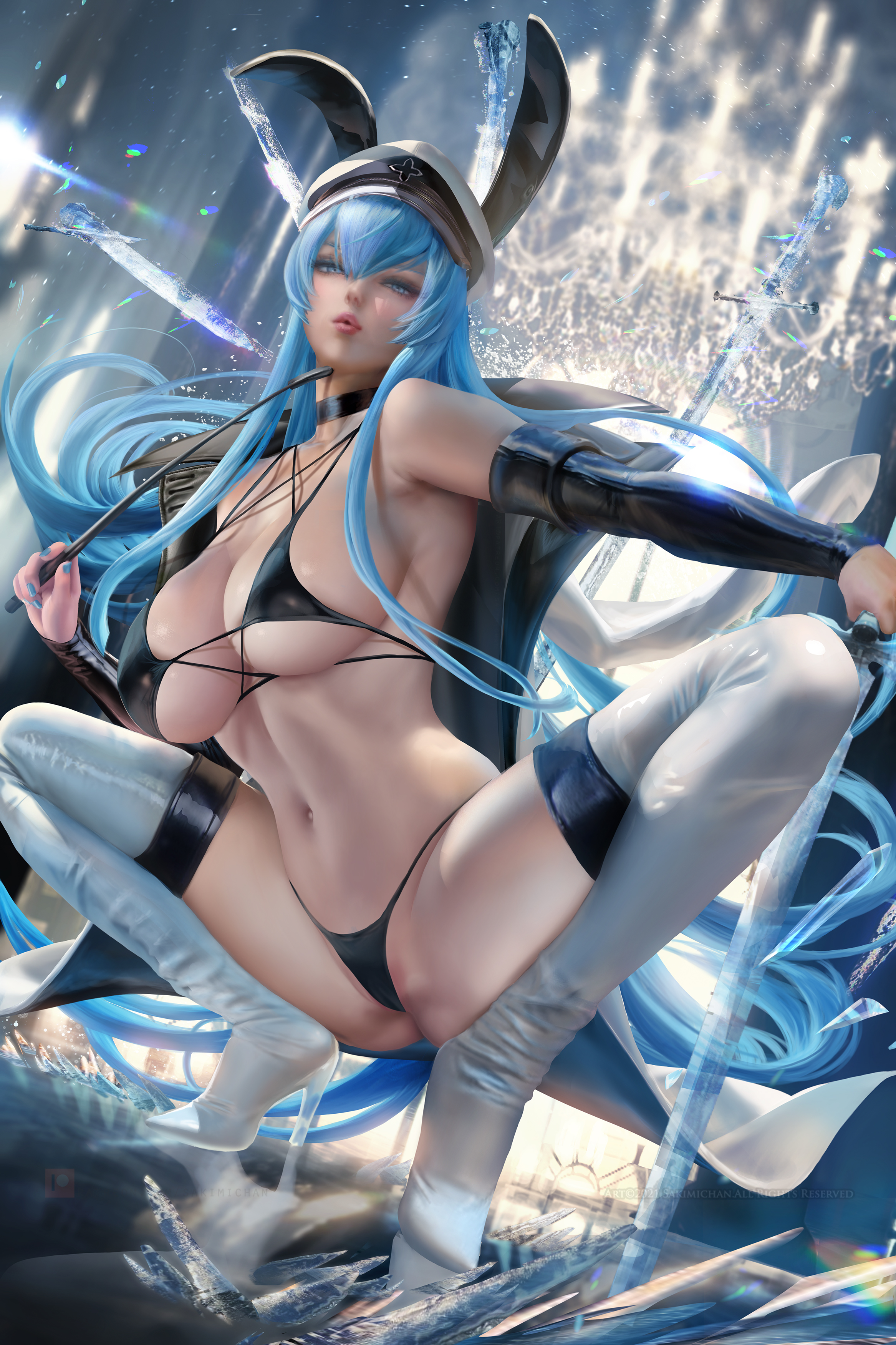 1girls, akame ga kill!, bikini top, blue eyes, blue hair, blush, breasts, bunny ears, curvaceous, curves, curvy, esdeath (akame ga kill!), fake animal ears, female, hi res, highres, huge breasts, human, large breasts, long hair, matching hair/eyes, realistic, sakimichan, squatting, thick thighs, thigh boots, thighhighs
