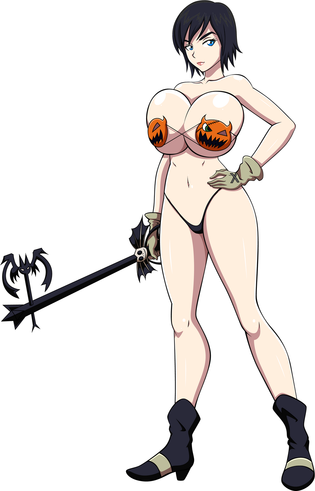 aged_up ale-mangekyo black_hair blue_eyes boots female footwear gloves halloween handwear huge_breasts human jack_o'_lantern keyblade kingdom_hearts micro_bikini pale_skin voluptuous weapon xion