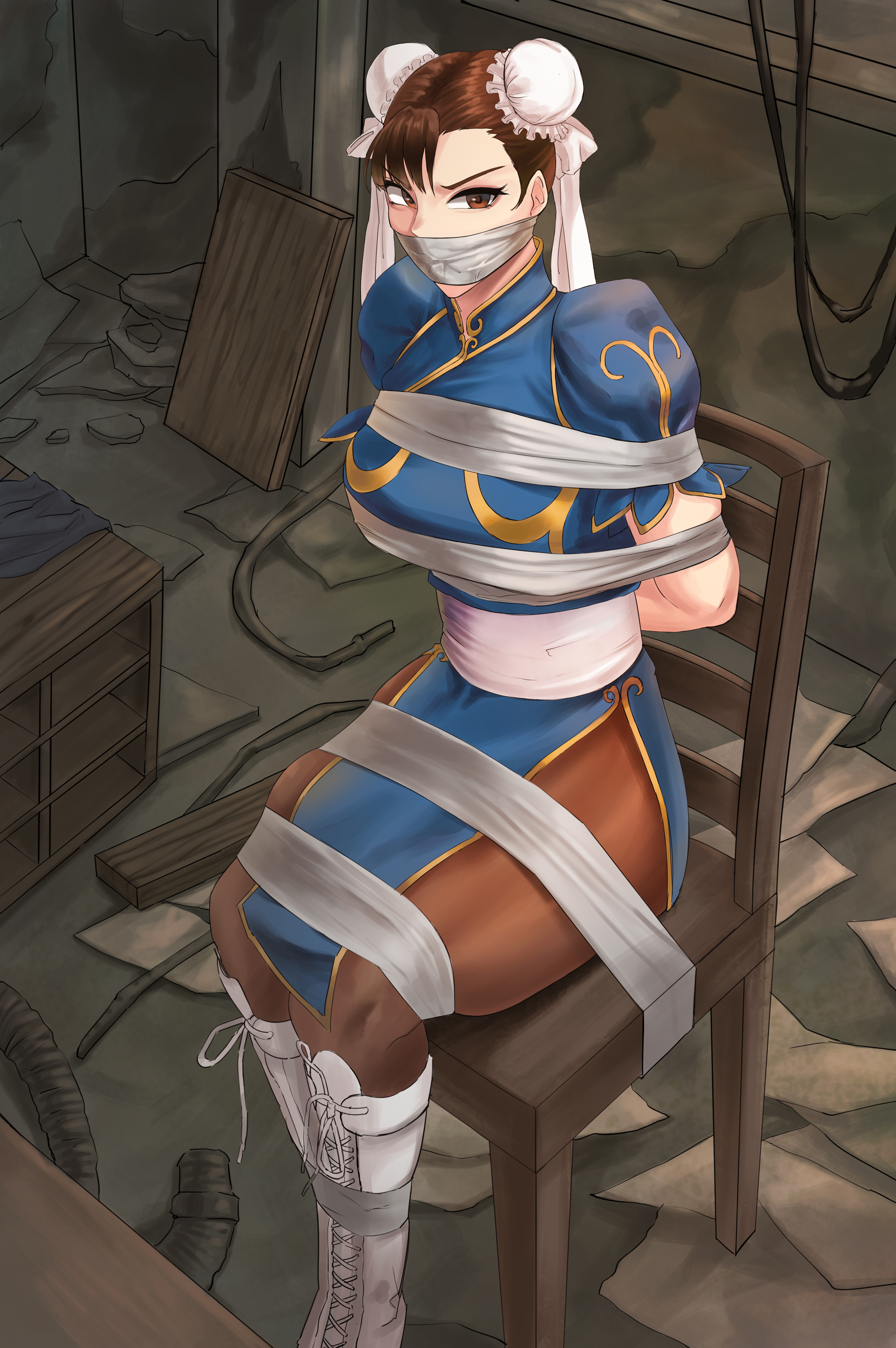 1girls, bondage, brown eyes, brown hair, chun-li, clothed, clothes, clothing, female, female only, fully clothed, gag, gagged, pantyhose, restrained, solo, street fighter, street fighter ii, tape bondage, tape gag, thebeastwithin2