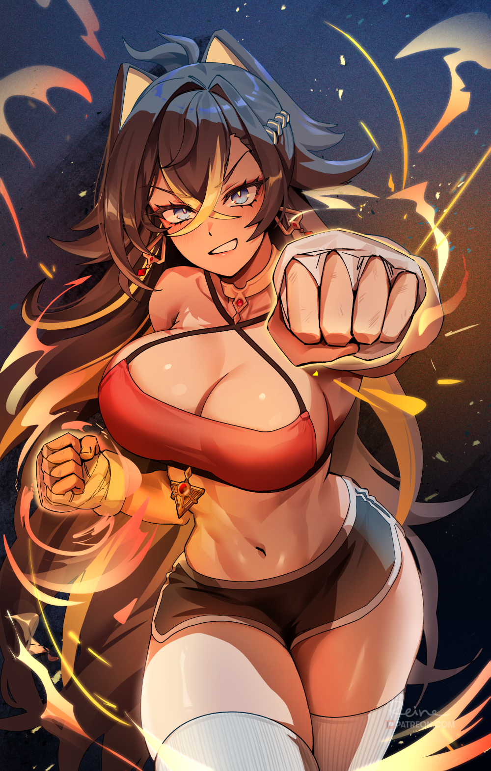 1girls action_pose blue_eyes booty_shorts breasts brown_hair dehya_(genshin_impact) female fire foxy_rain_(foxyreine) foxyrain_(foxyreine) foxyreine genshin_impact huge_breasts kemonomimi long_hair punching short_shorts shorts smile sports_bra sportswear thick_thighs thighs