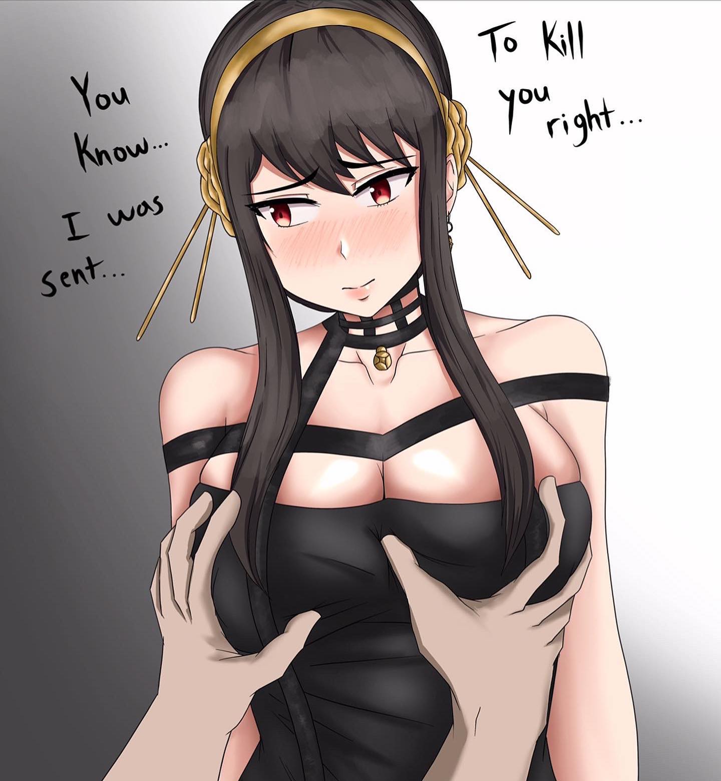 1girls, assassin, big breasts, breasts, cleavage, dress, female, female human, female only, groping, groping breasts, hair ornament, hairband, human, mature female, nutsoni, pov, red eyes, spy x family, thorn princess, yor briar, yor forger
