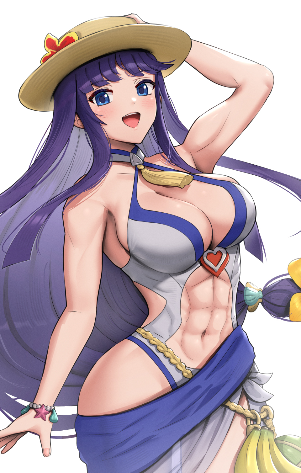 1girls :d abs altina_(fire_emblem) altina_(summer)_(fire_emblem) bare_thighs blue_eyes blush bracelet breasts cleavage collarbone commentary female female_only fire_emblem fire_emblem:_radiant_dawn fire_emblem_heroes gonzarez grey_swimsuit hat highres jewelry large_breasts long_hair looking_at_viewer navel nintendo official_alternate_costume one-piece_swimsuit purple_hair sarong smile solo swimsuit thighs white_background