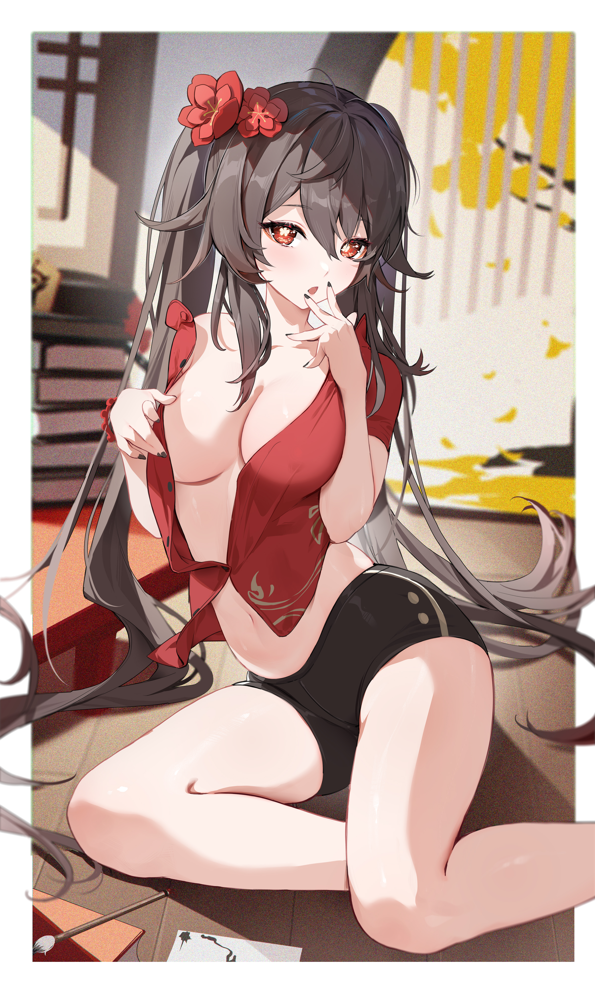 :o, 1girls, belly, big breasts, black nails, blush, breasts, brown hair, cleavage, female, female only, flowers in hair, genshin impact, hand to own mouth, highres, houkiboshi (mmjw7432), hu tao (genshin impact), legs, light skin, light-skinned female, long hair, looking at viewer, nail polish, navel, on floor, open clothes, open mouth, orange eyes, seductive, shorts, sitting, sitting on floor, solo, symbol-shaped pupils, thick thighs, thighs, twintails, very long hair