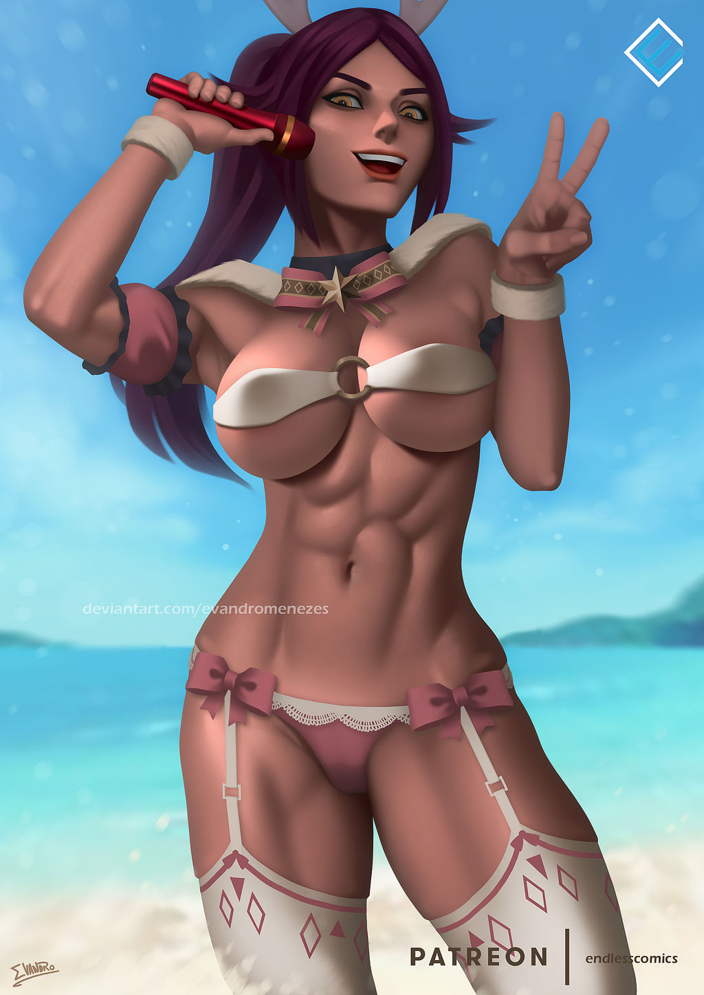 1girls amber_eyes beach bikini bleach dark-skinned_female evandromenezes fit_female garter_belt large_breasts microphone peace_sign purple_hair seaside shihouin_yoruichi