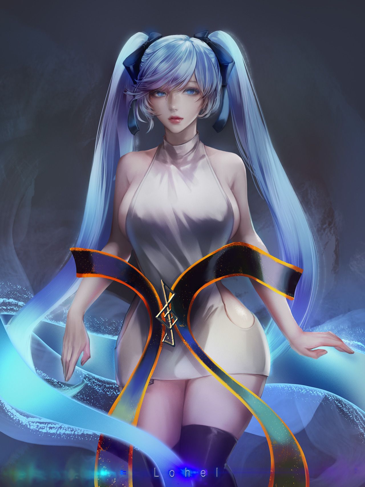 1girls, blue hair, breasts, clothing, female, female only, huge breasts, league of legends, light skin, light-skinned female, lohel, nipple bulge, painting (artwork), sideboob, solo, solo female, sona buvelle, thick thighs, wide hips
