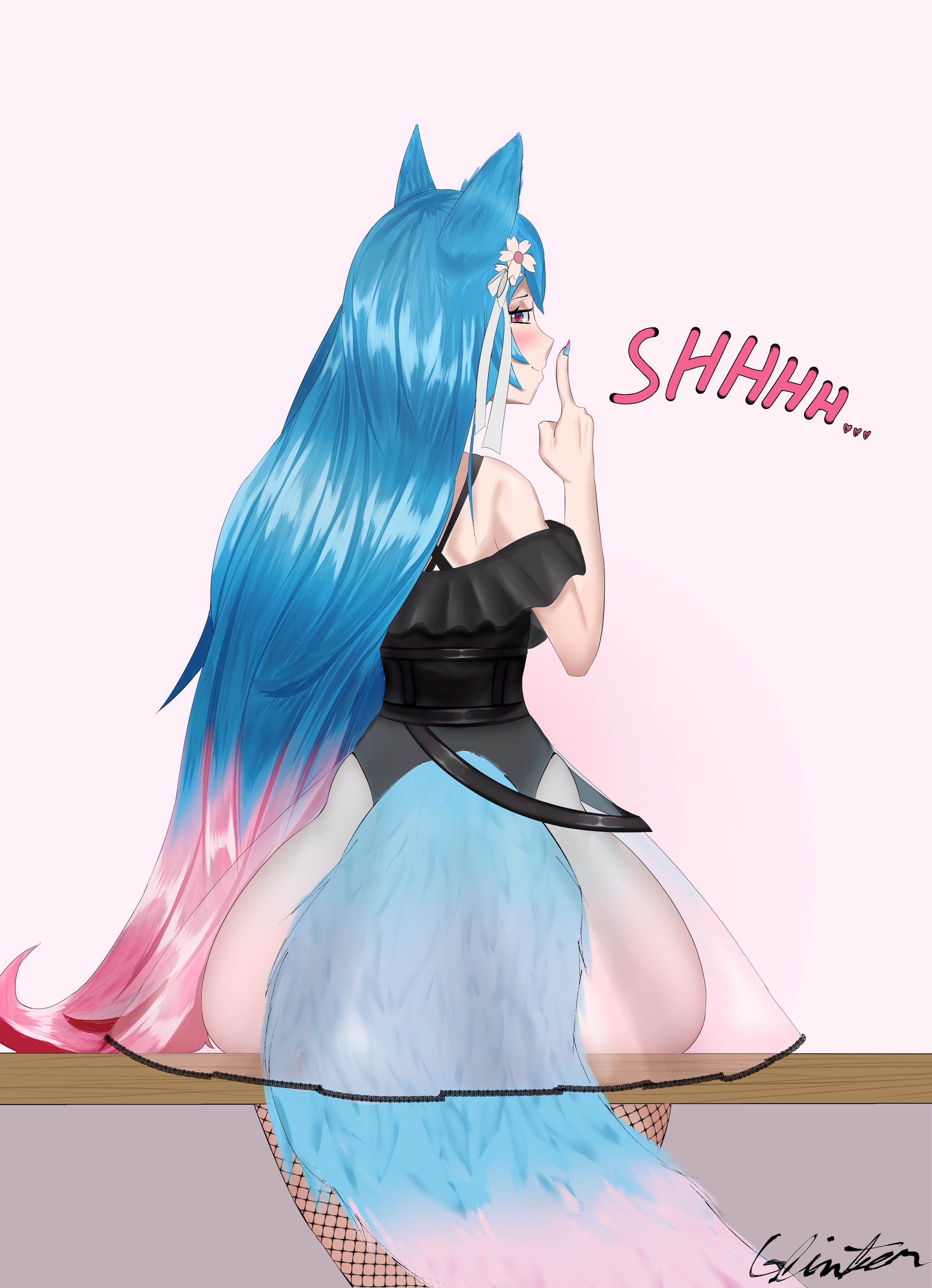 animal ears, ass, back, back view, big ass, blue hair, blush, clothed female, female, from behind, glinter, indie virtual youtuber, kemonomimi, light skin, light-skinned female, pink hair, red eyes, shh, shushing, silvervale, sitting, sitting down, sitting on dildo, two-tone hair, virtual youtuber, wolf, wolf ears, wolf girl, wolf tail