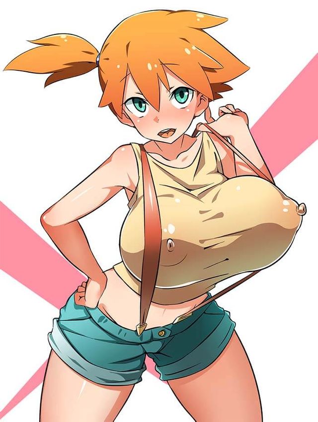 1girls alternate_breast_size big_breasts erect_nipples female female_only hand_on_hip huge_breasts kasumi_(pokemon) light-skinned_female looking_at_viewer orange_hair pink_nipples pokemon rivyk short_shorts simple_background smile solo suspenders suspenders_pull tank_top tomboy