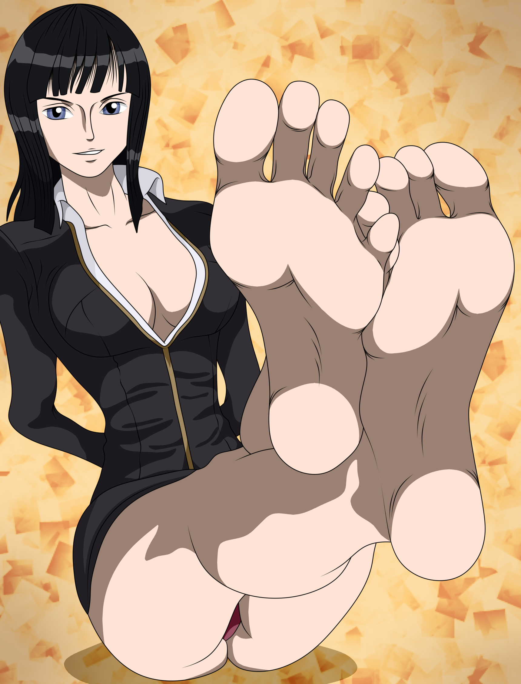 1girls, artist request, barefoot, big feet, black clothing, black hair, blue eyes, bondage, feet, feet together, feet up, female, female only, foot fetish, foot focus, leather minidress, looking at viewer, nico robin, one piece, soles, solo, solo female, tied up, toes